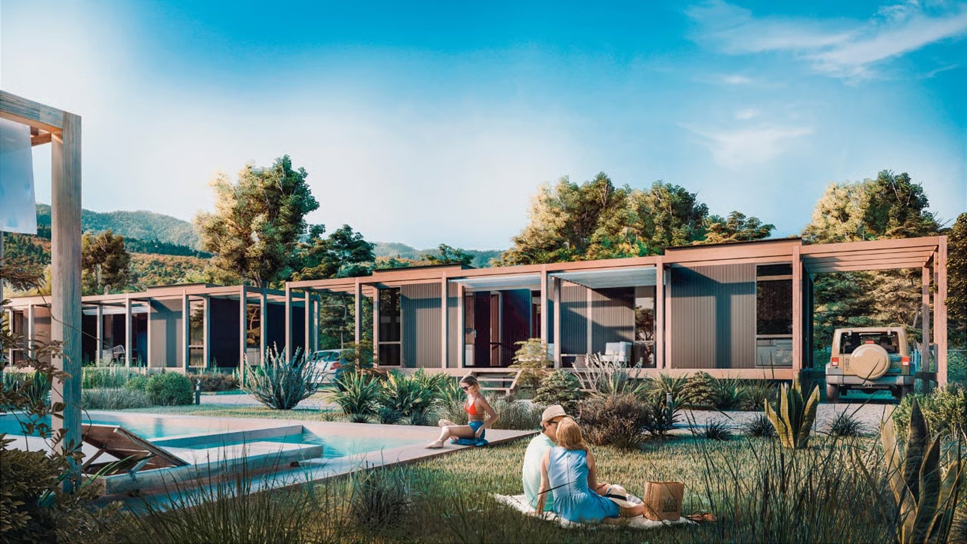 an abstract photo of a curved building with a blue sky in the background