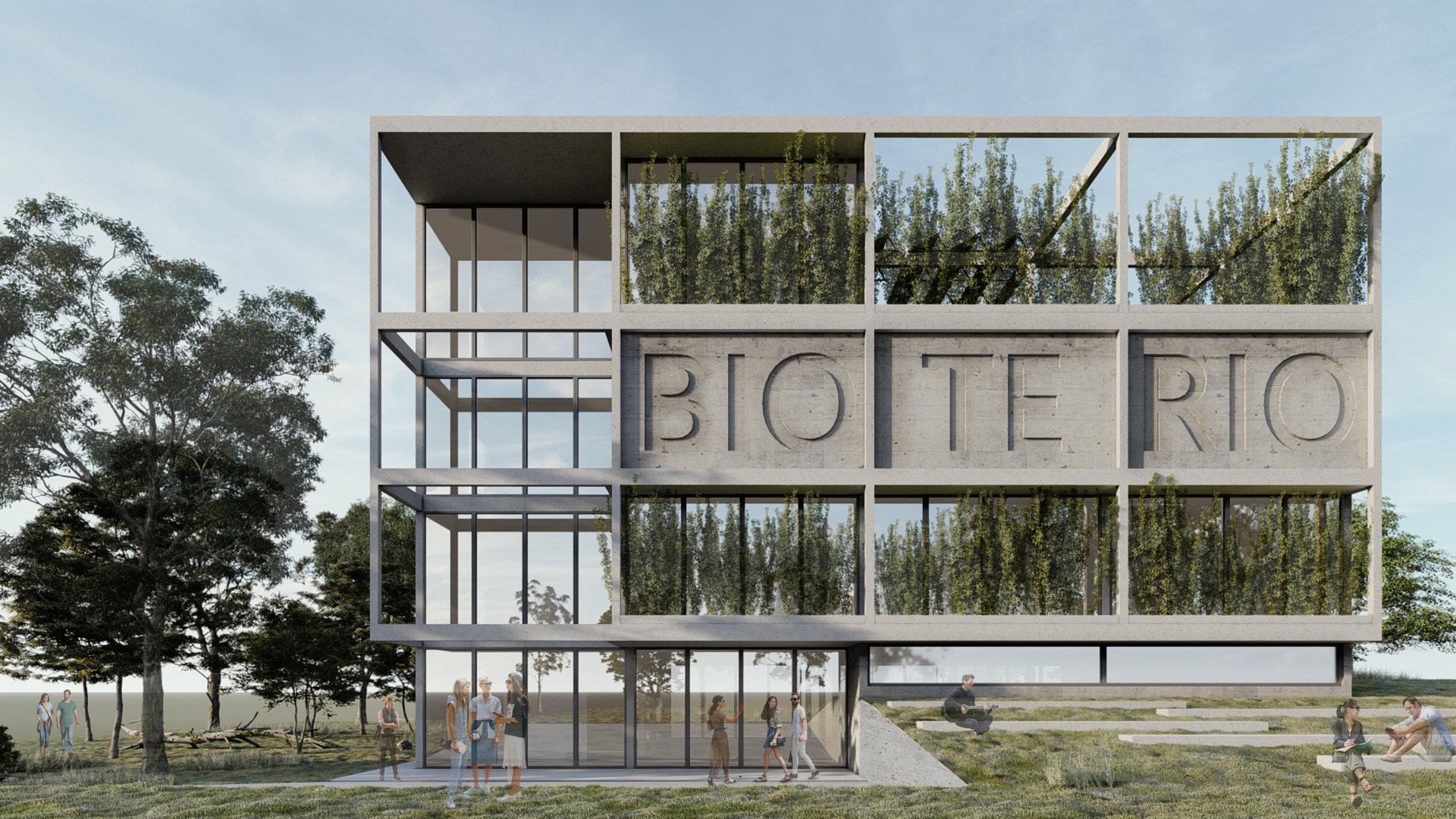 an abstract photo of a curved building with a blue sky in the background