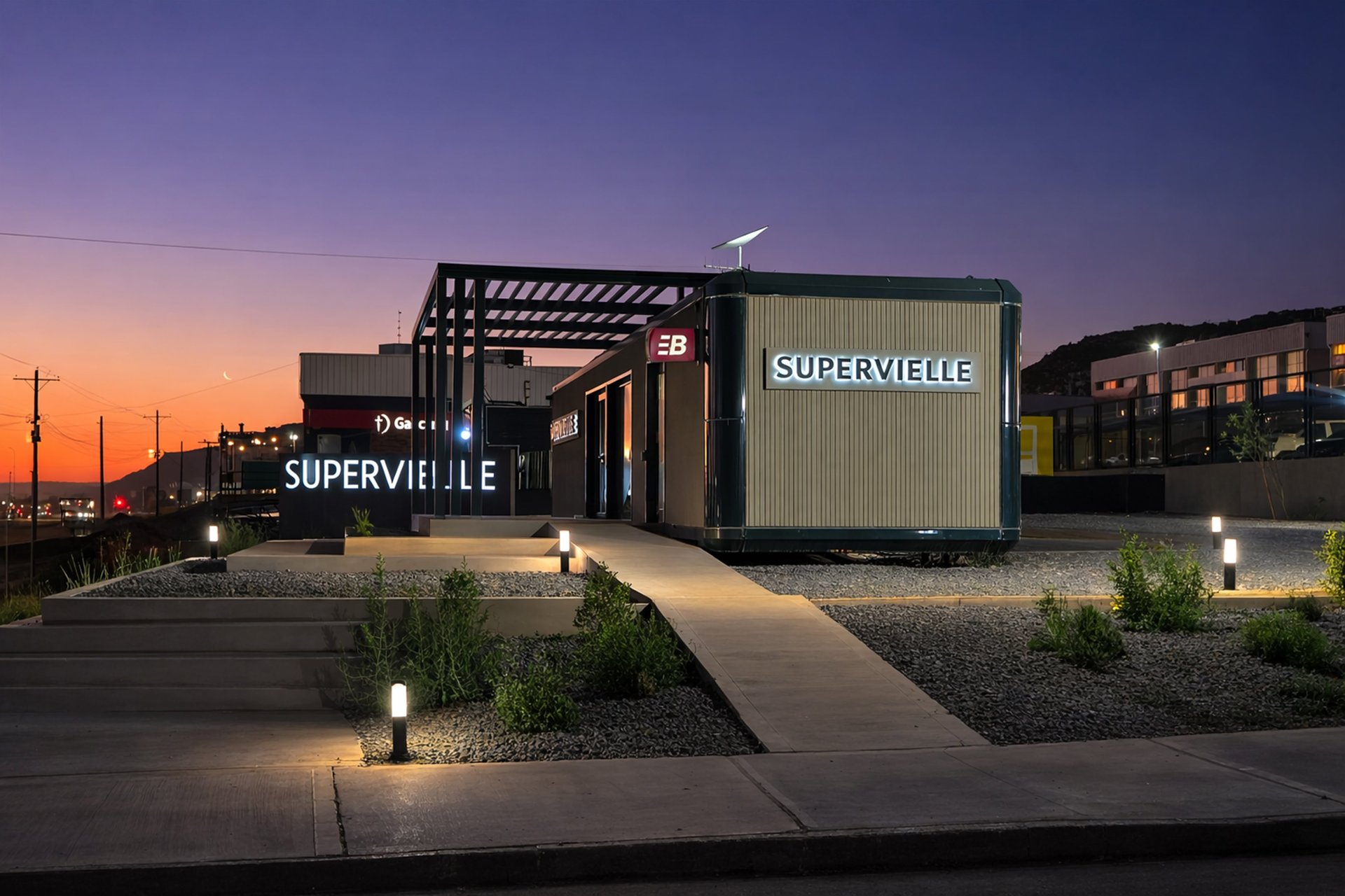 an abstract photo of a curved building with a blue sky in the background