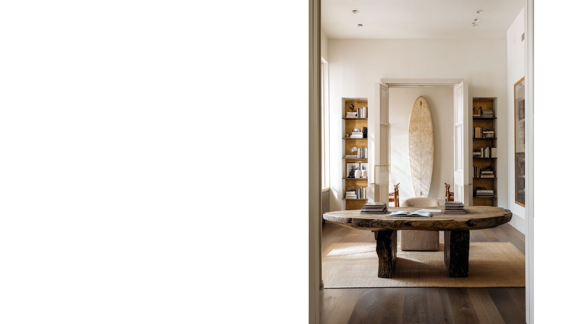 décorateur d'intérieur : table bois massif, planche de surf, decoration biarritz