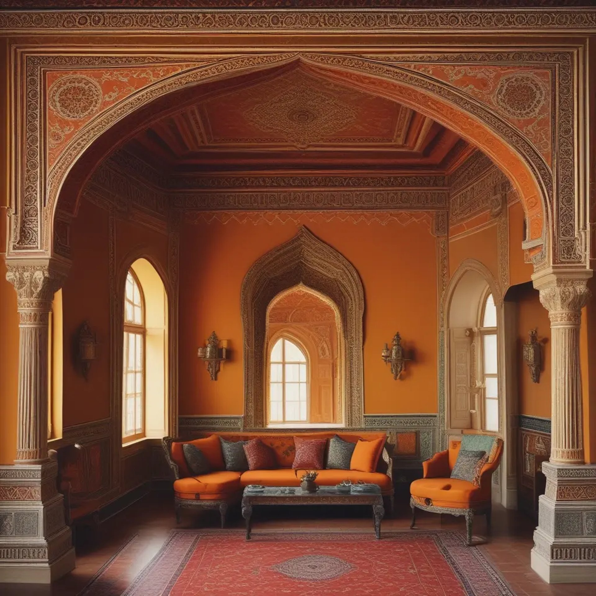 An elegant orange living room with decorative arches and a bold red rug, offering a stylish and welcoming space.