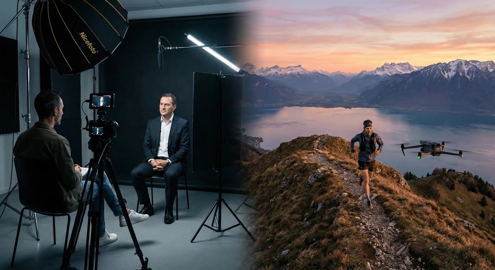 Montage avec sur la gauche une interview corporate et sur la droite un coureur au-dessus du lac d'Annecy.