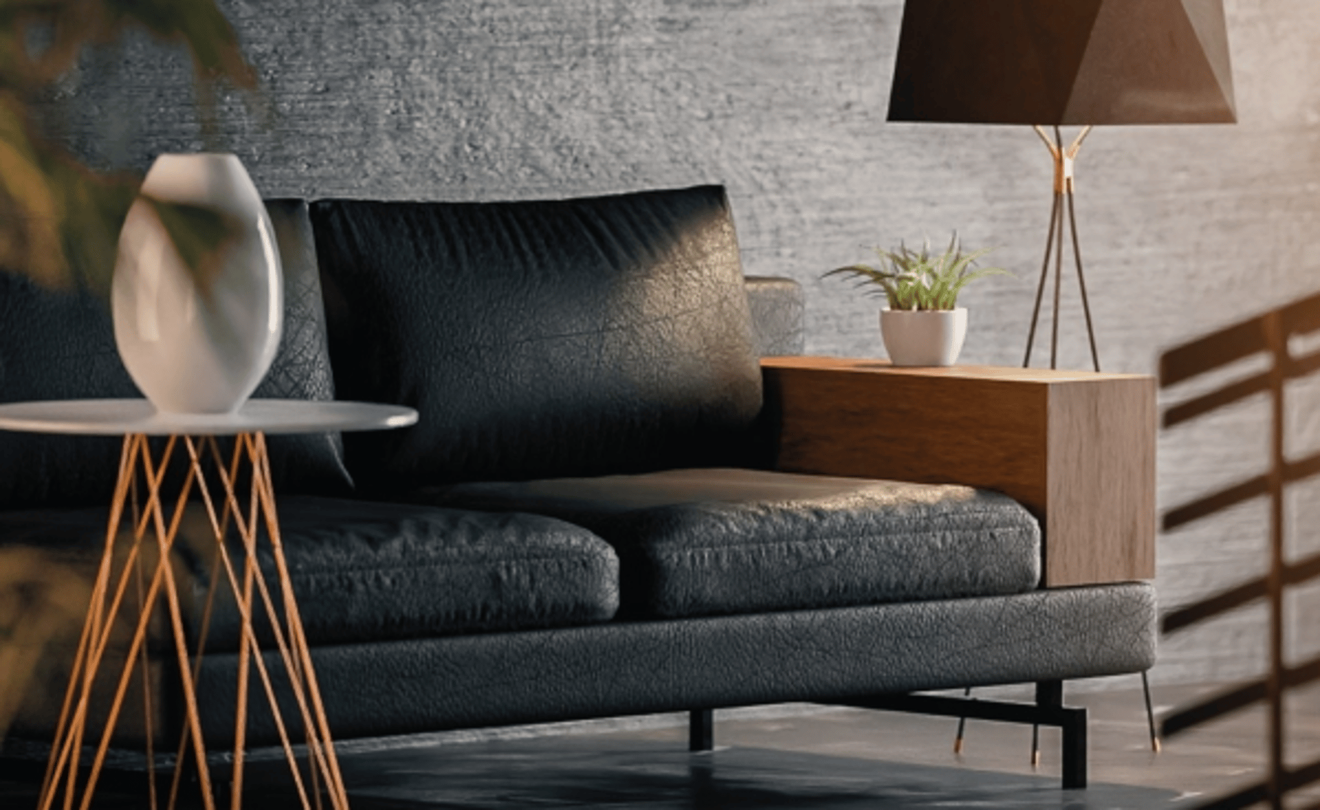 Virtually staged modern living room with black leather sofa, side table, and soft lighting