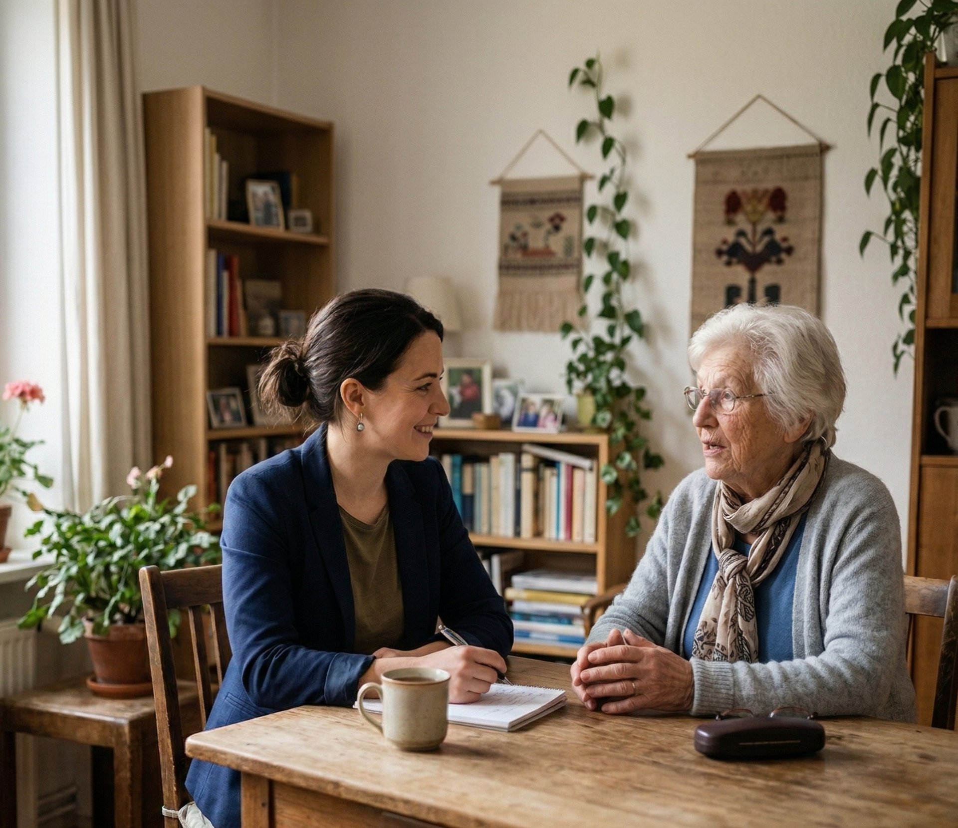 starsza kobieta rozmawia z doradcą finansowym w domu – pomoc dla zadłużonych seniorów