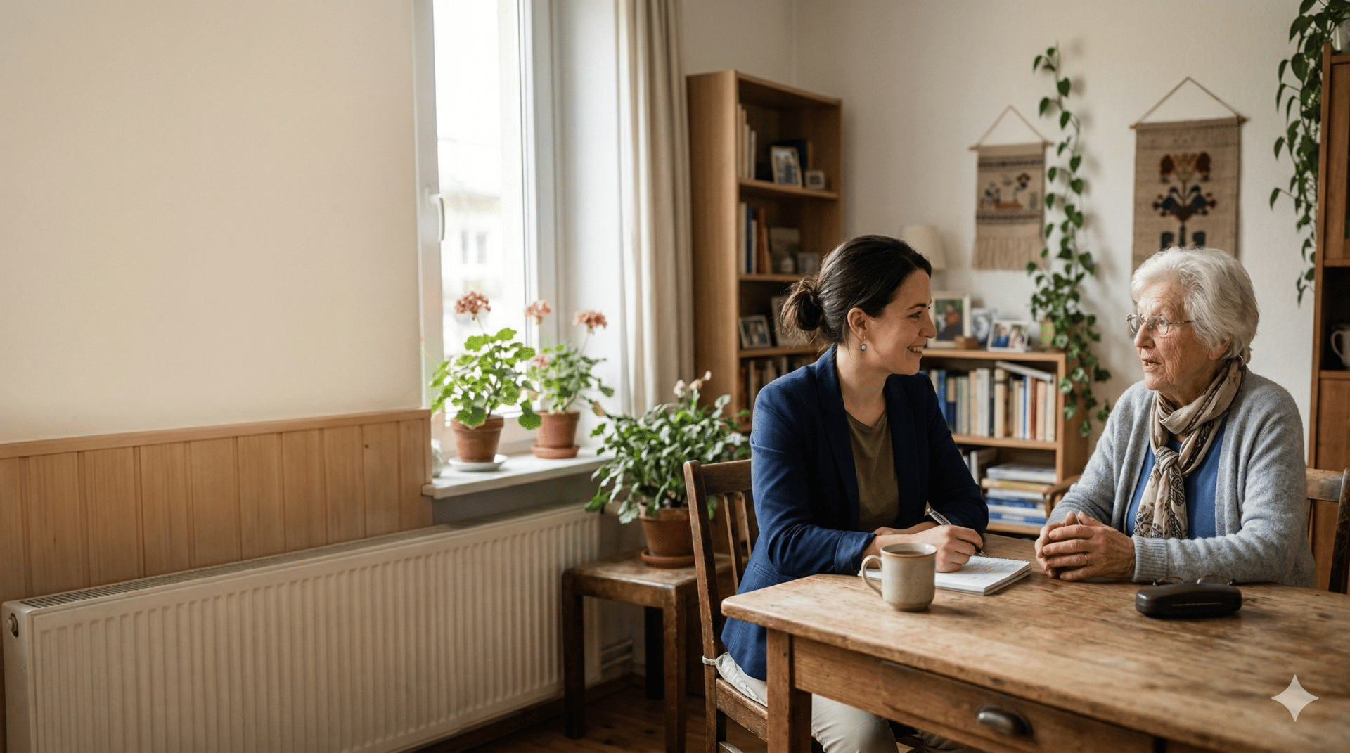starsza kobieta rozmawia z doradcą finansowym w domu – pomoc dla zadłużonych seniorów