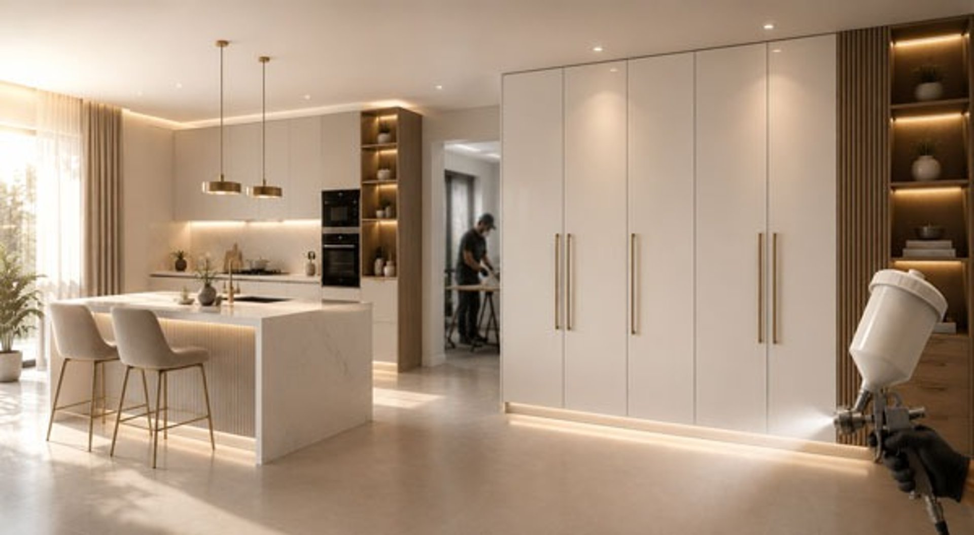 Premium Duco Paint finished modular kitchen and luxury wardrobe with factory smooth spray finish by Ghar Interior in Delhi