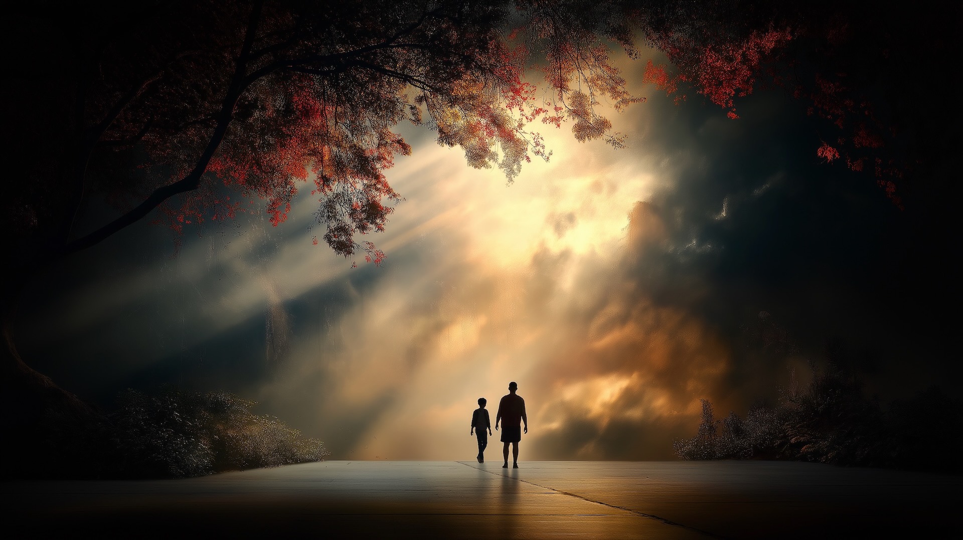 Father & son walking towards the light