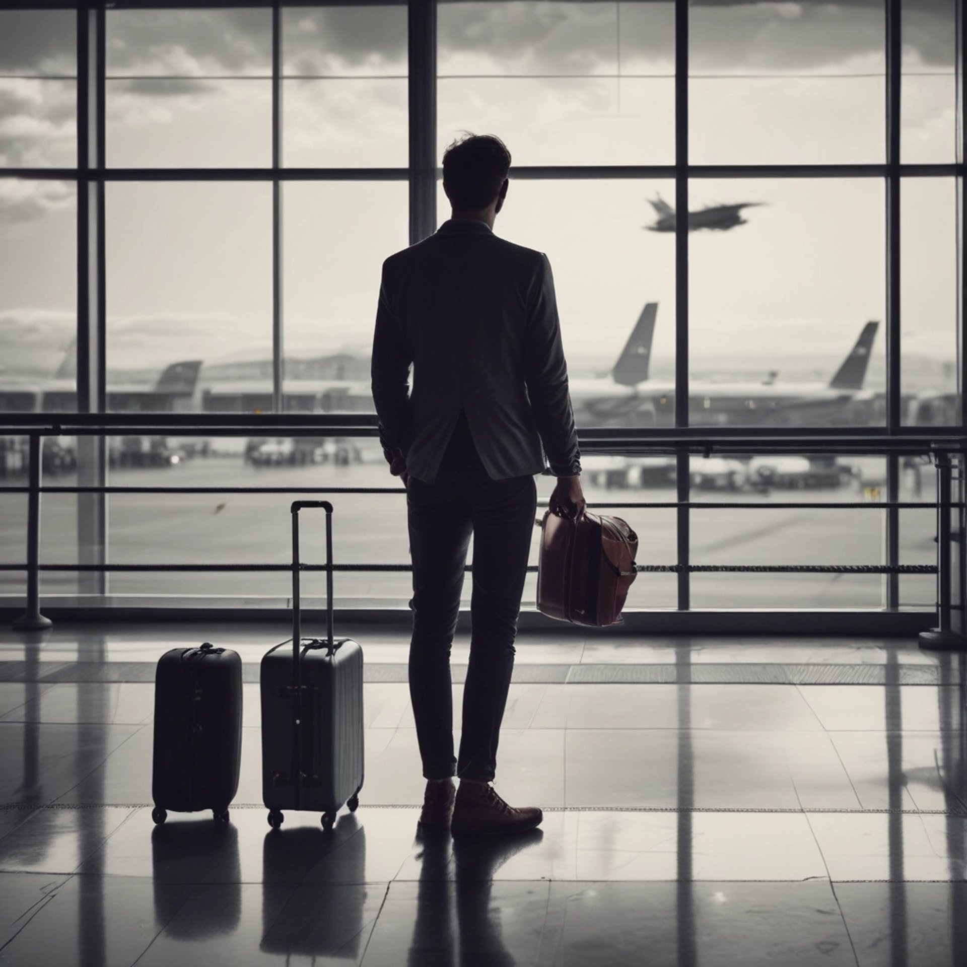 man sitting on gang chair with feet on luggage looking at airplane