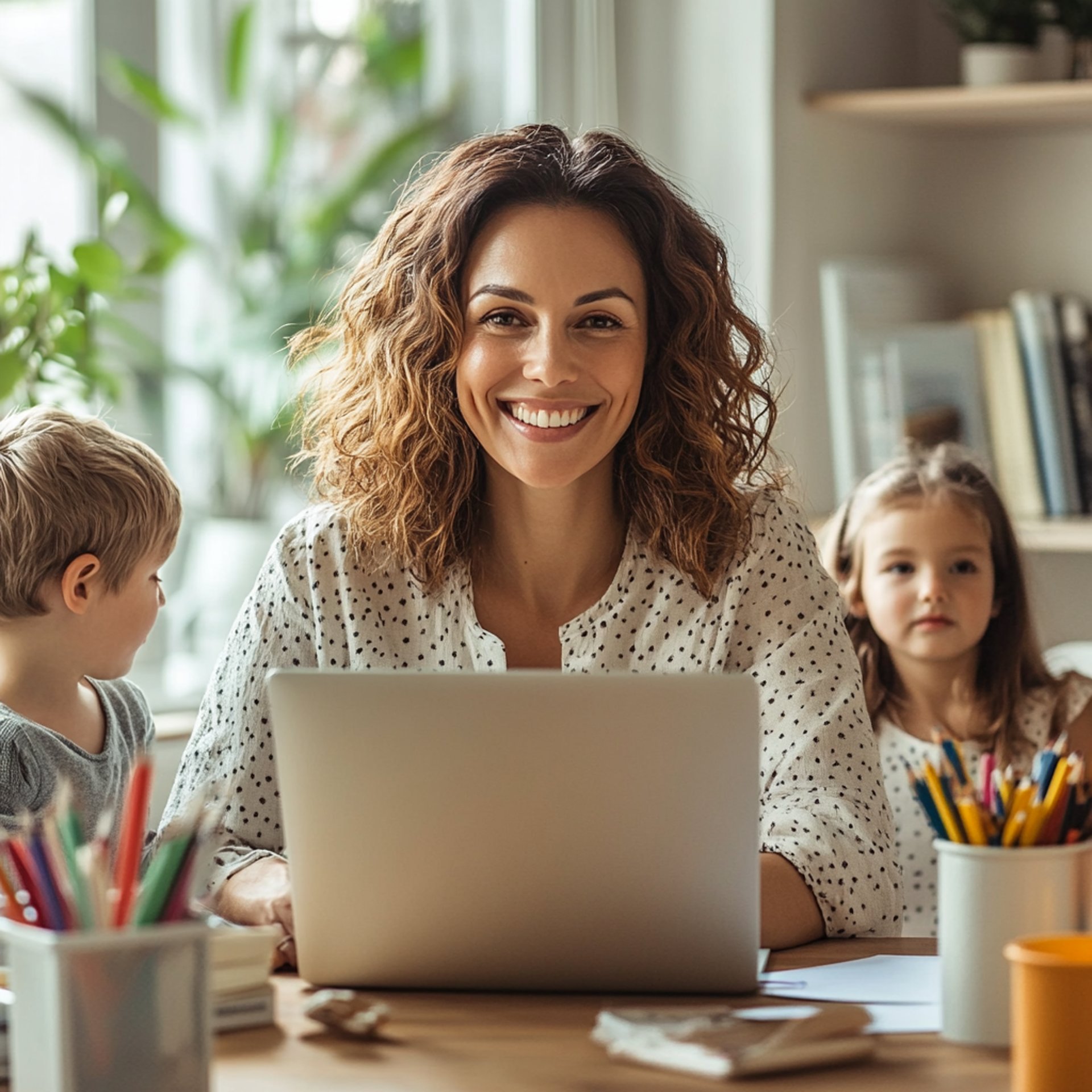 Mujer sonriente trabaja en laptop acompañada de niños, representa emprendimiento desde casa, mujer, hijo, equilibrio familiar