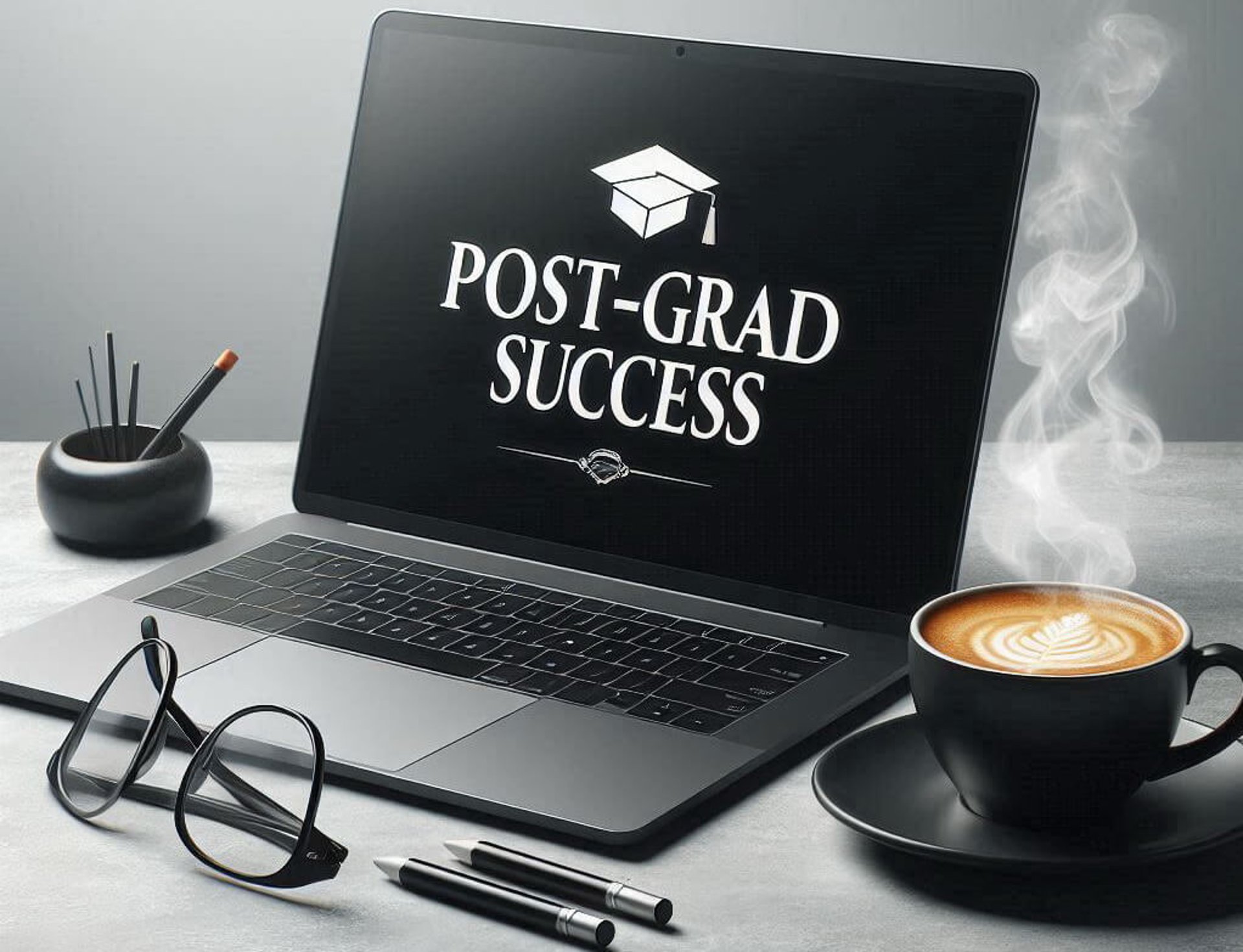 a laptop, a cup of coffee and some pens on a desk