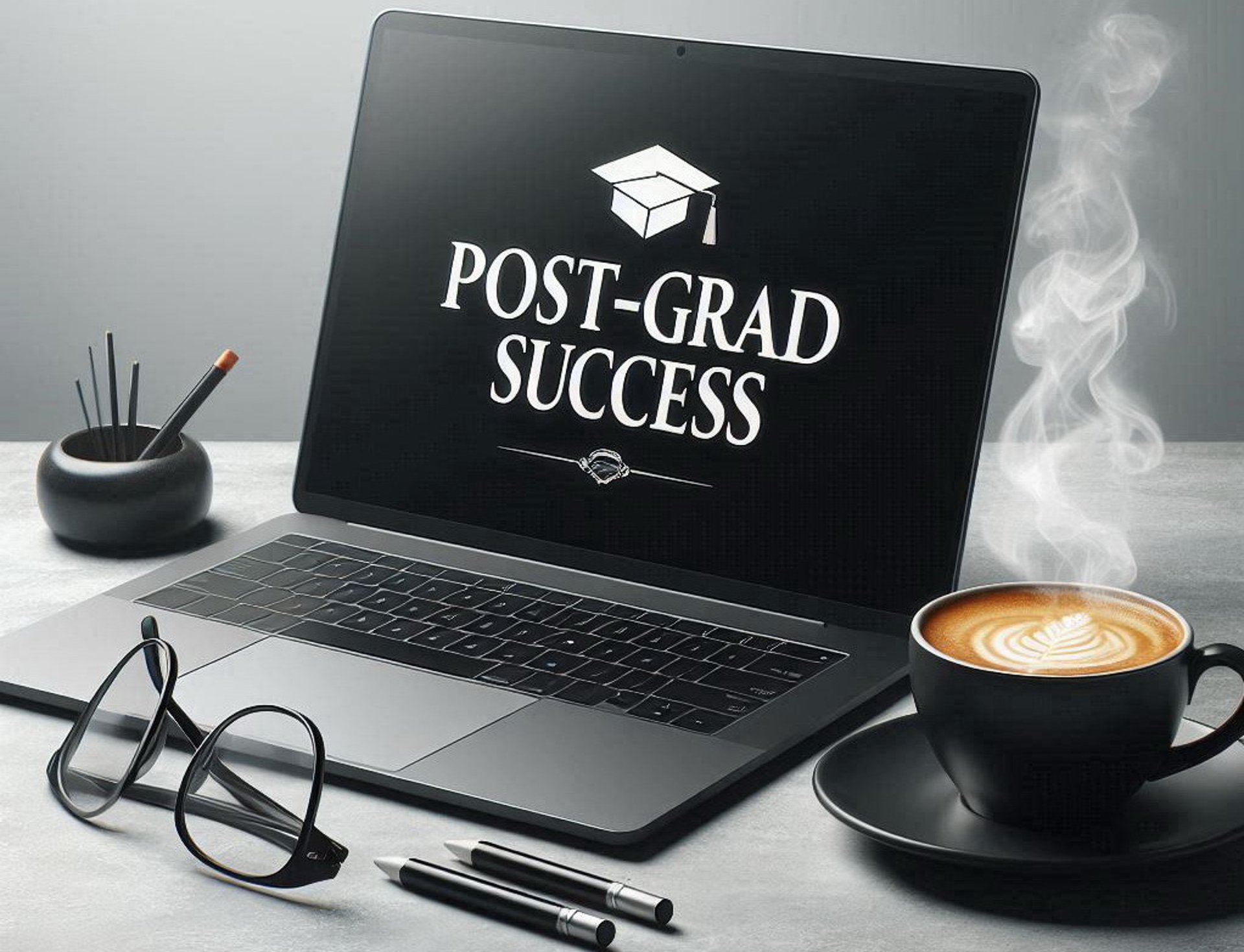 a laptop, a cup of coffee and some pens on a desk