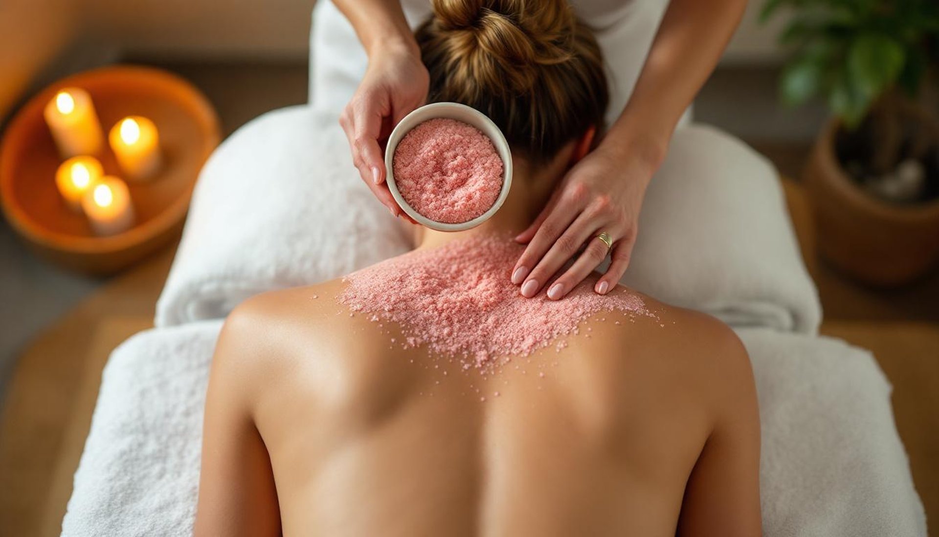 Mujer recibiendo exfoliación de espalda con sales rosas en un spa, rodeada de velas encendidas y ambiente relajante.