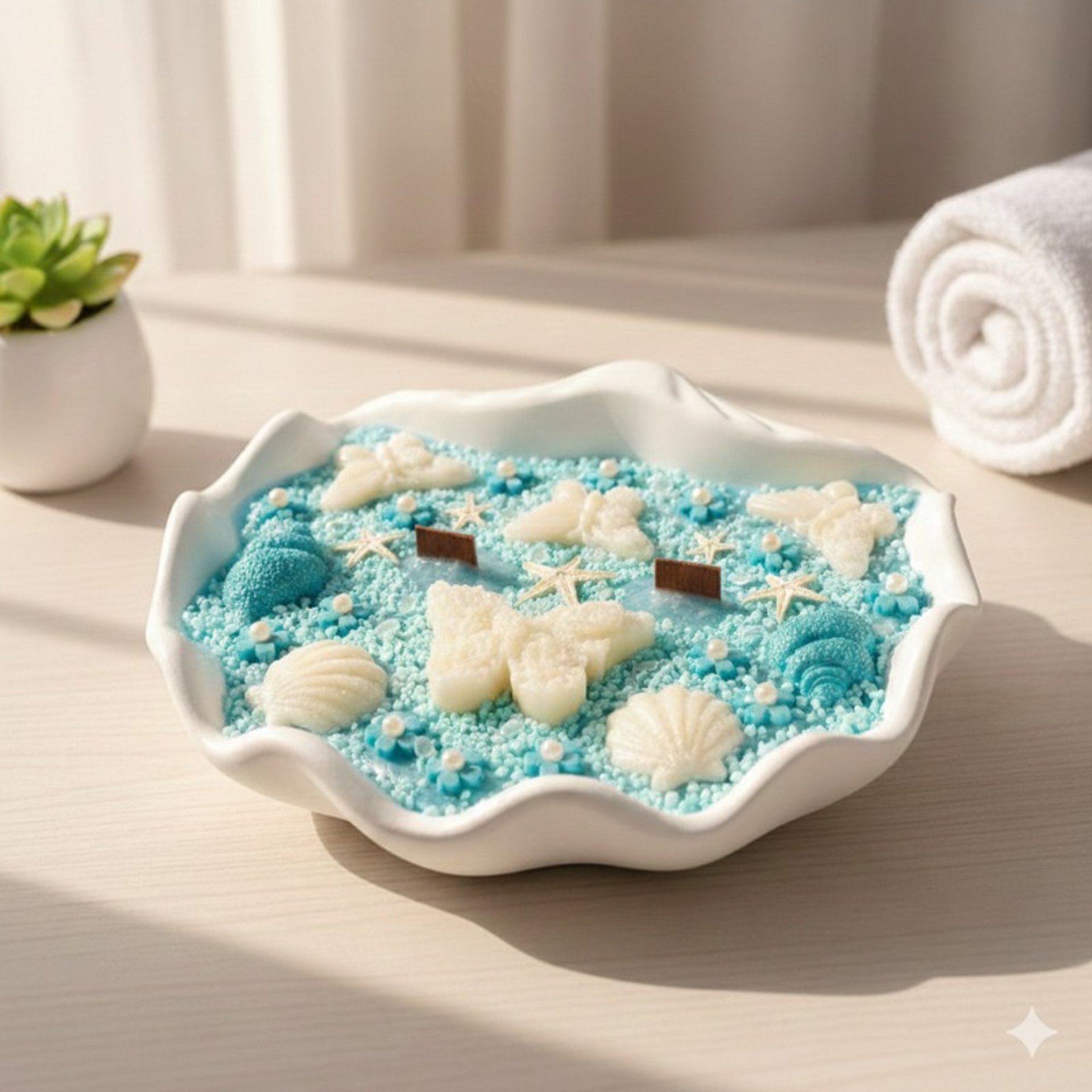 Exquisite decorative scented candle with blue hand poured wax, decorated with shells and butterflies