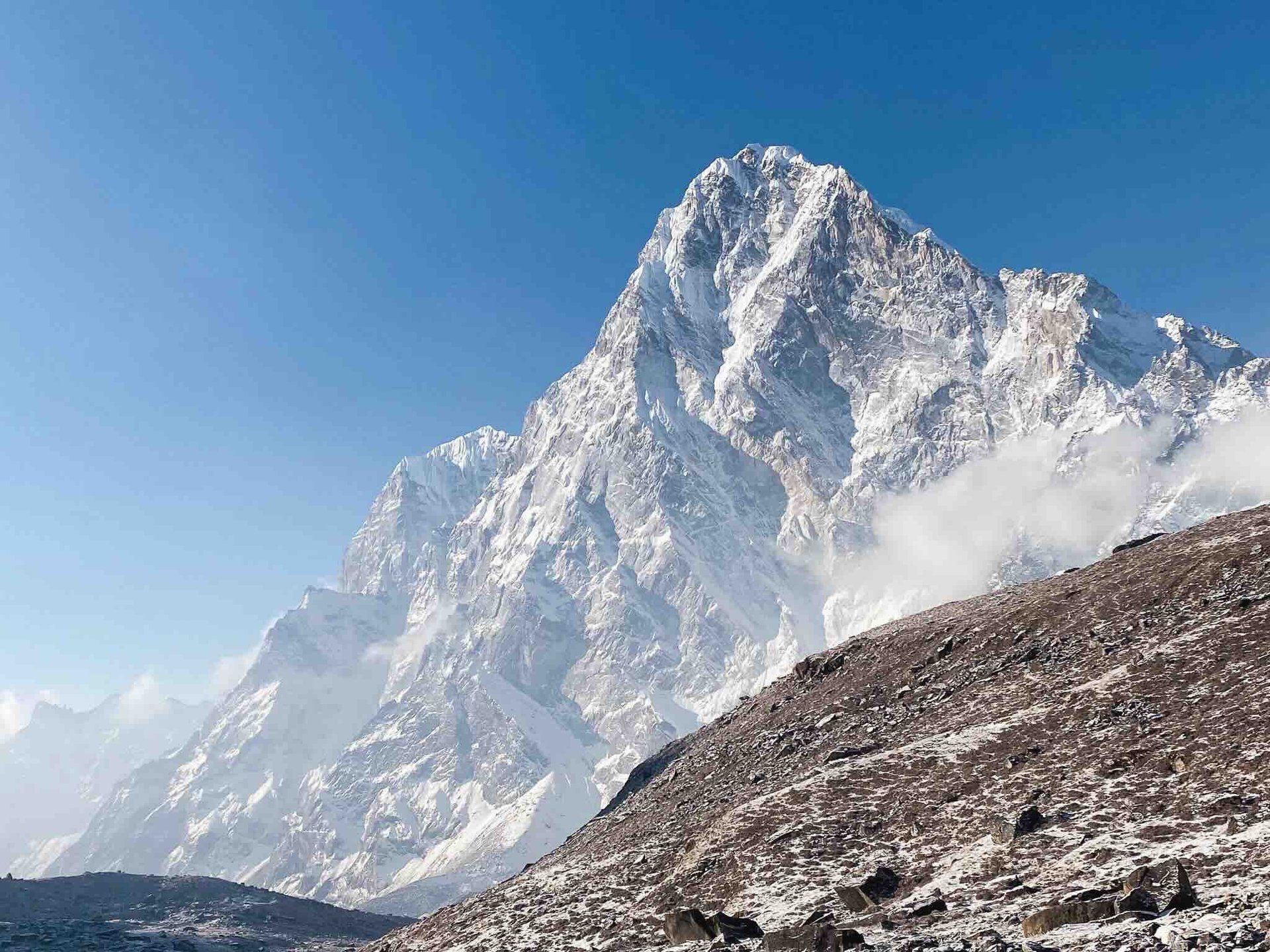 Snow-covered Taboche peak during a trek in the Everest Valley, Nepal.