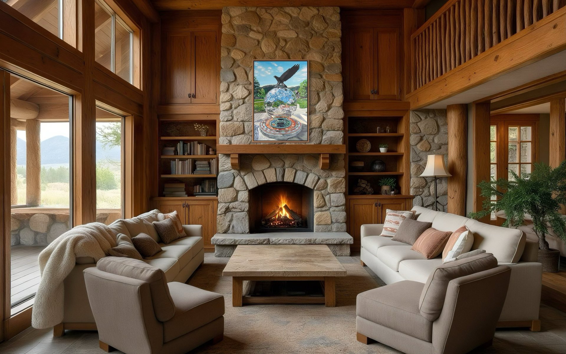 Cosy cabin living space with Sacred Reflections of the Land original painting