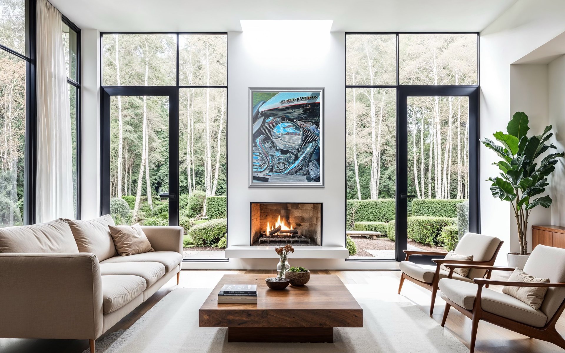 Harley Davidson framed in open living space
