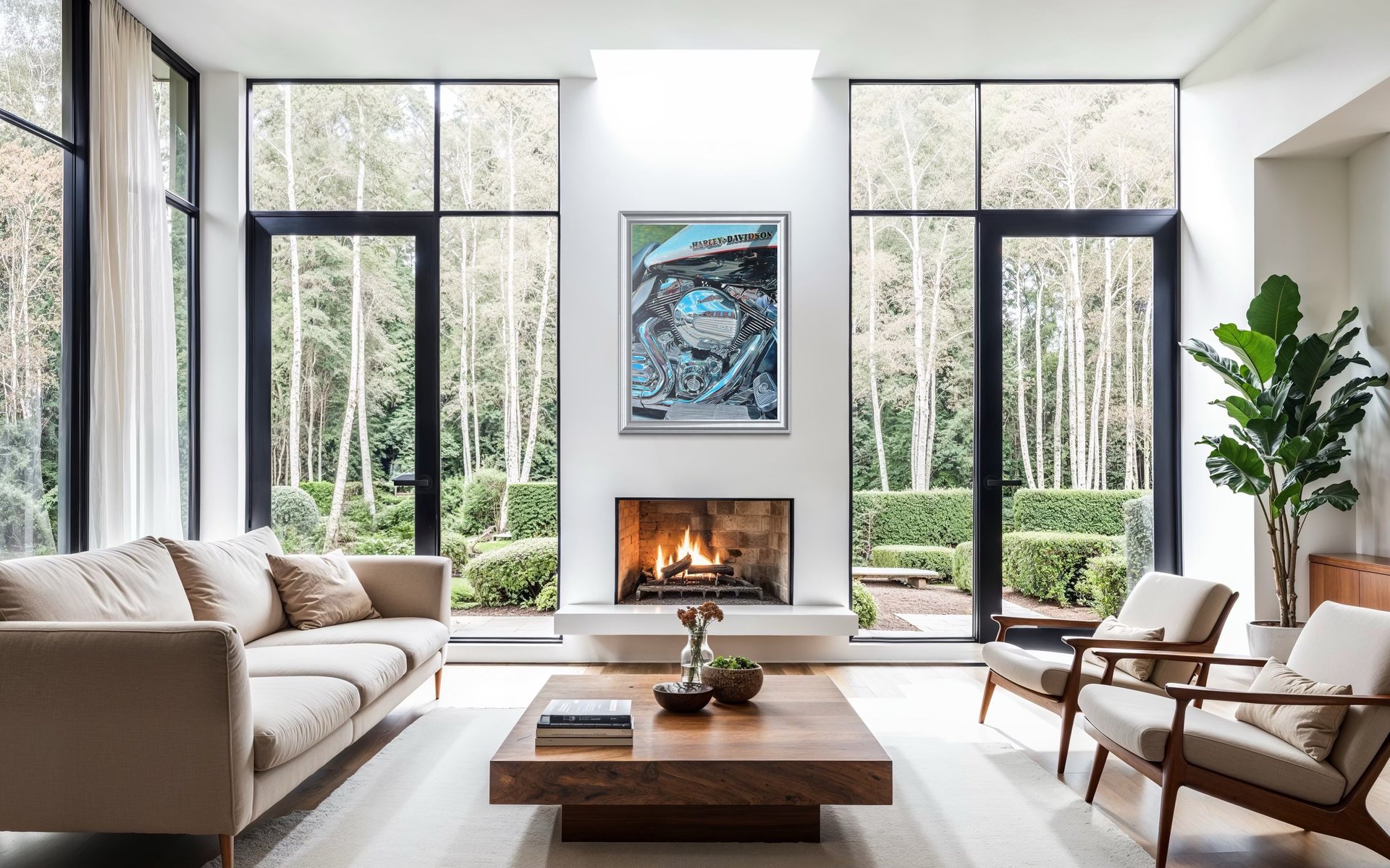 Harley Davidson framed in open living space