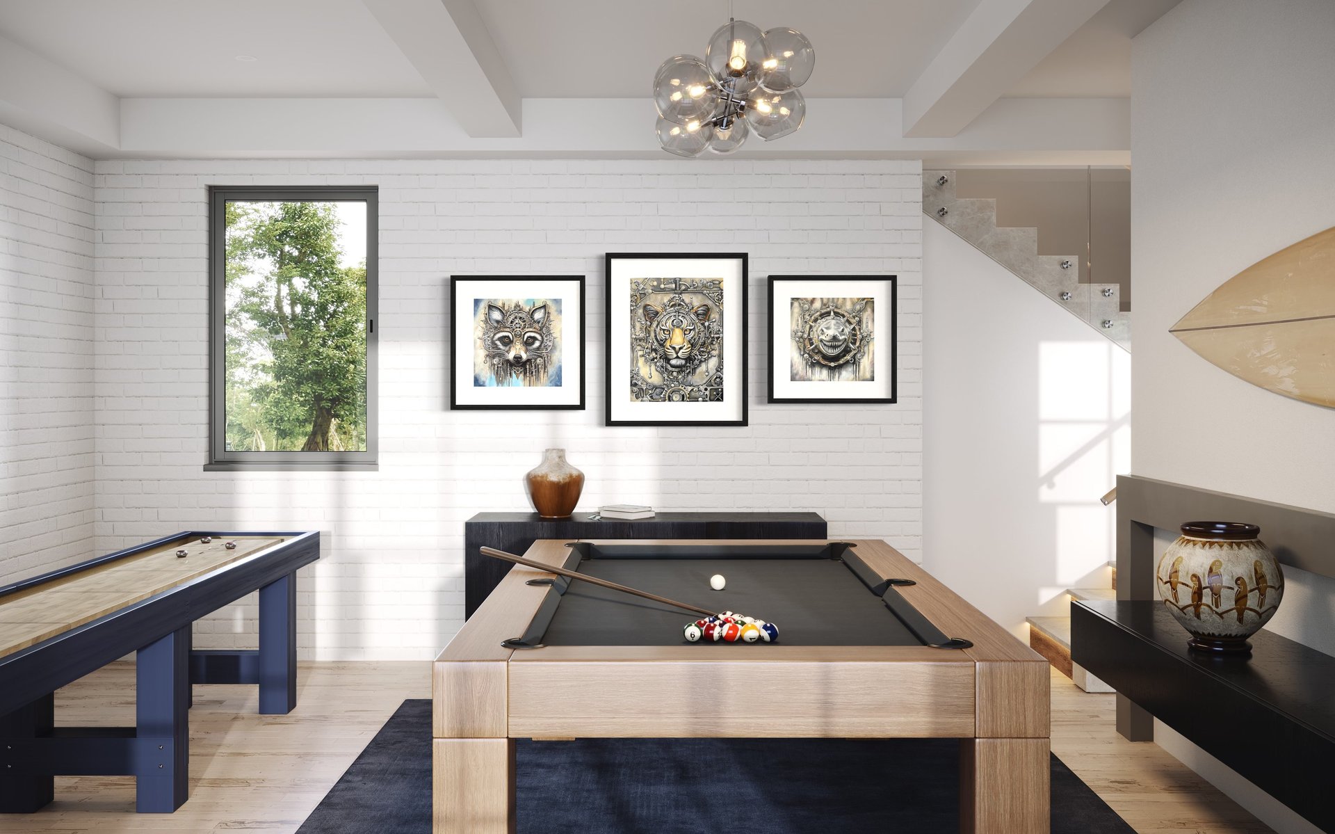 Multiple Steampunk paintings in games room photo