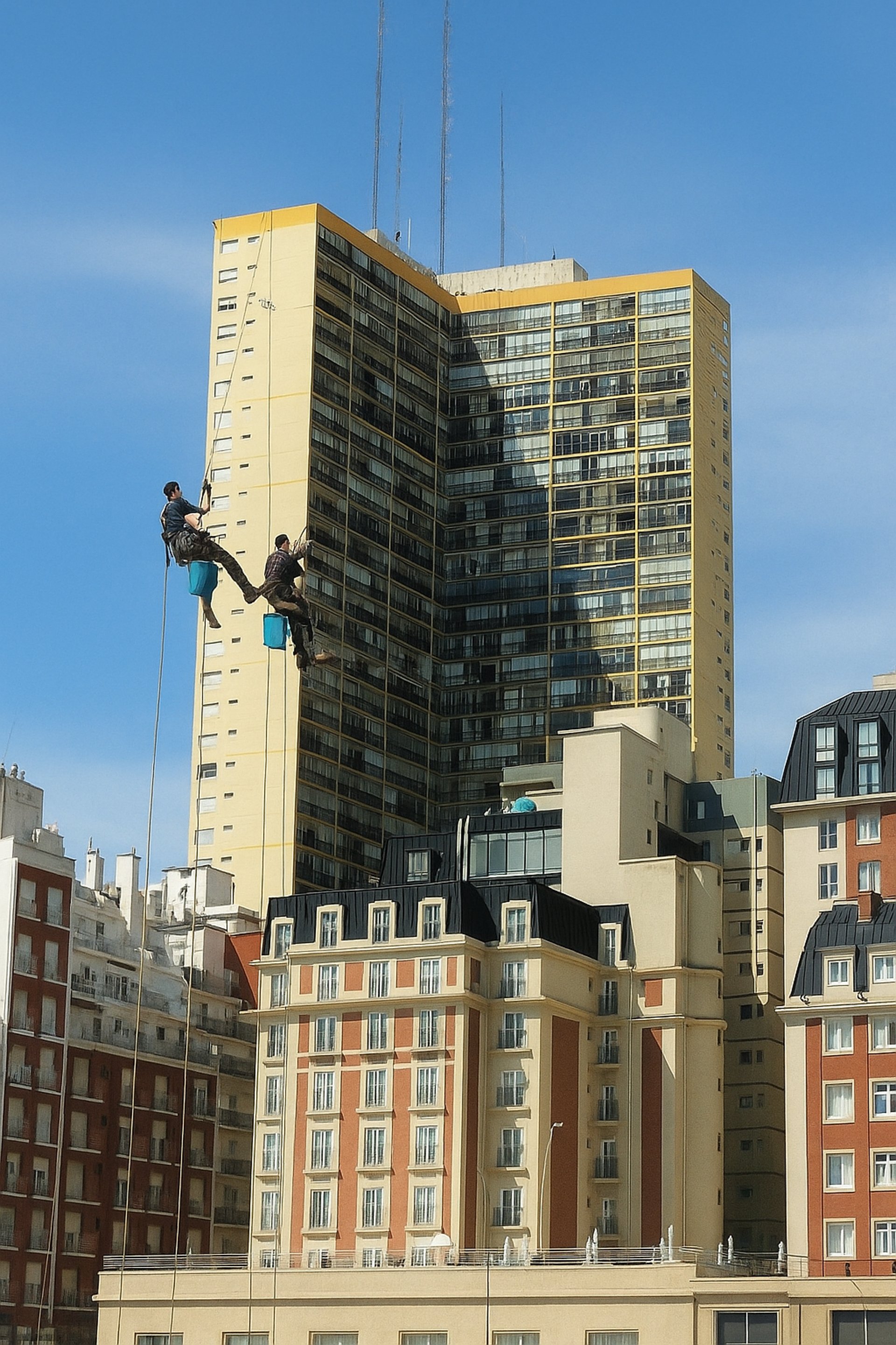 a few people climbing a building