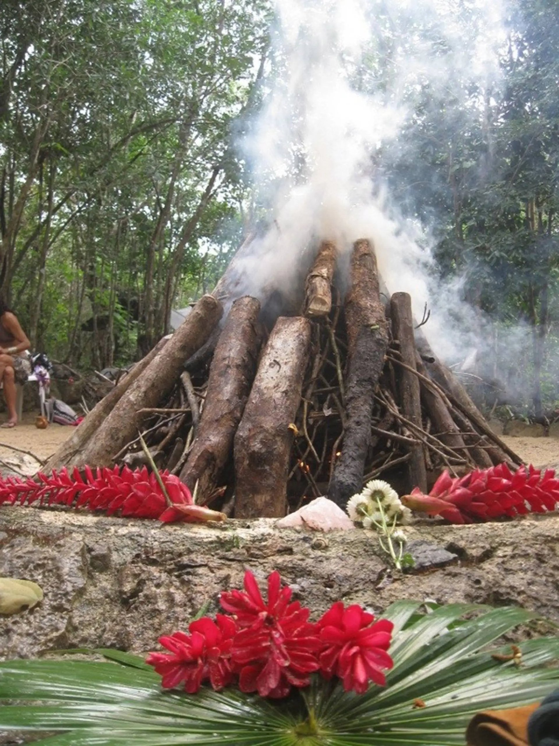 fuego de temazcal quemando piedras para la ceremonia, y flores, en la selva maya