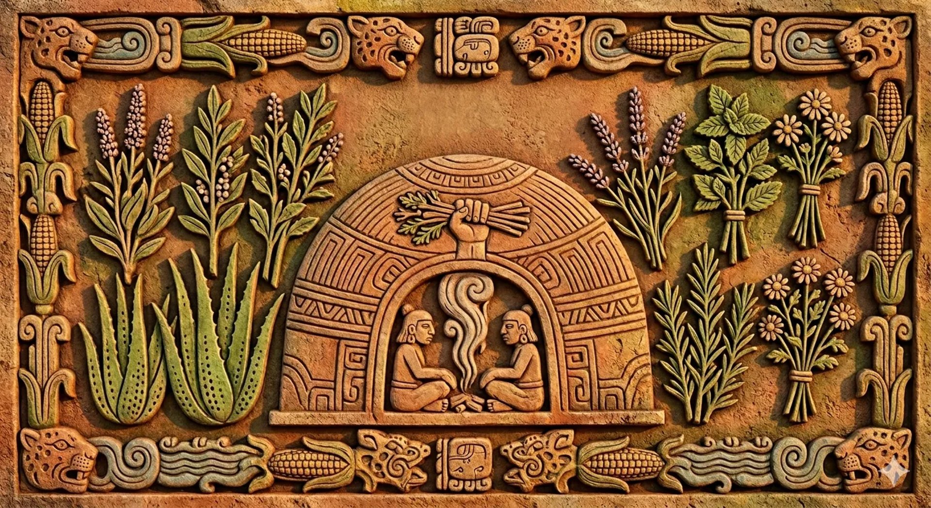 Grabado representado llas plantas medicinales y los usos terapeuticos del temazcal