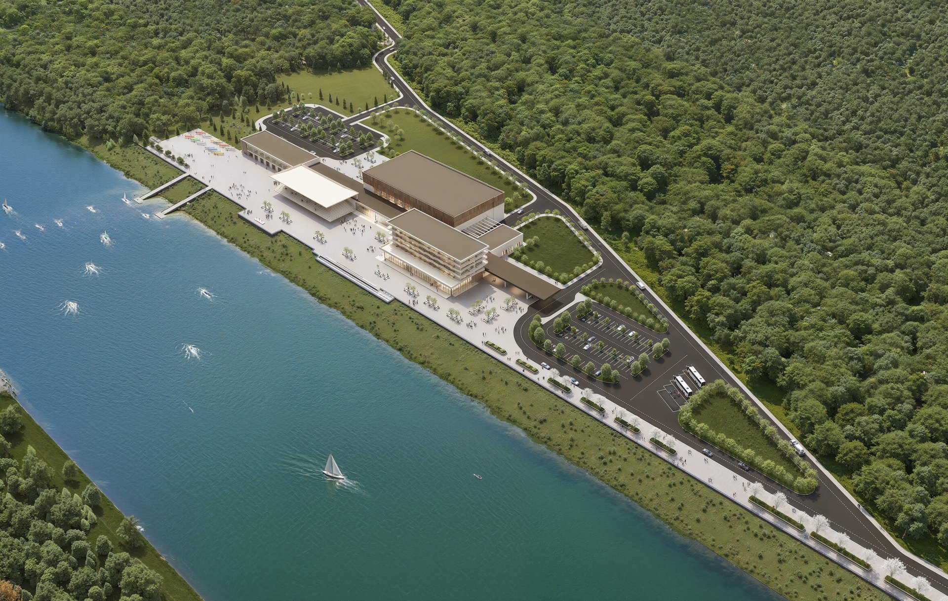 an abstract photo of a curved building with a blue sky in the background