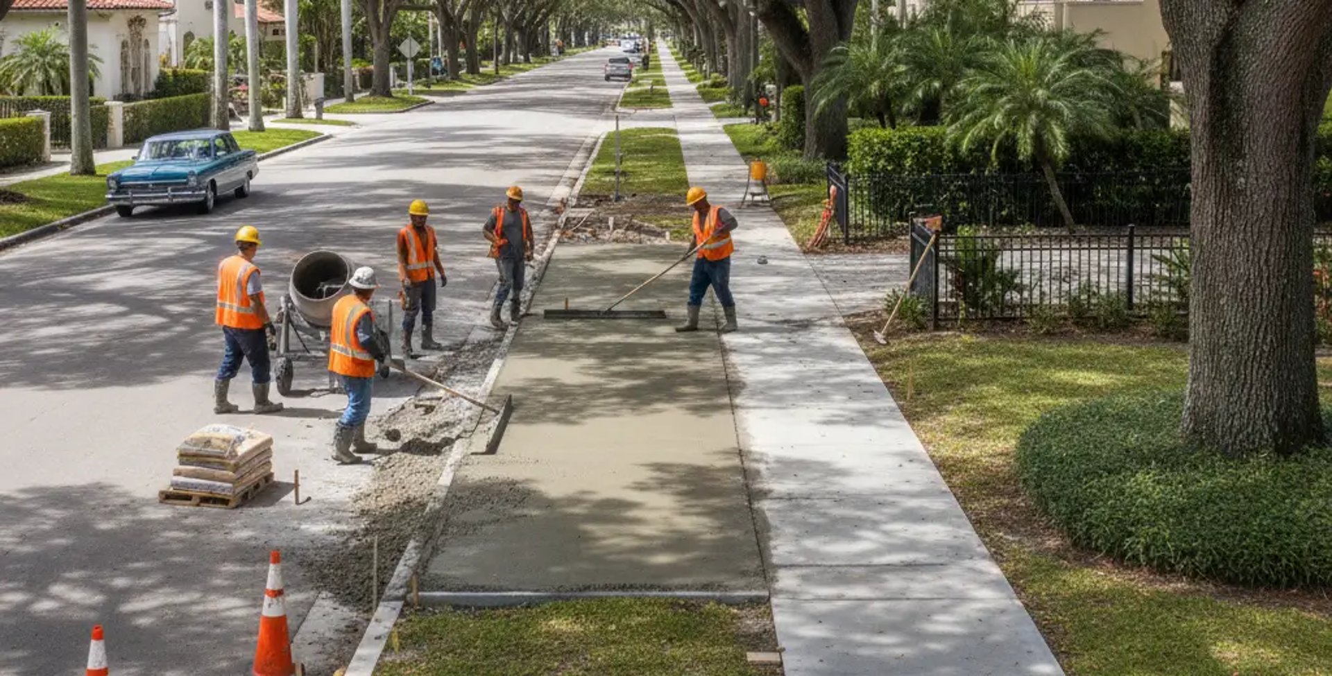 workers leveling freshly poured concrete in the residential sidewalk of Coral Gables, FL