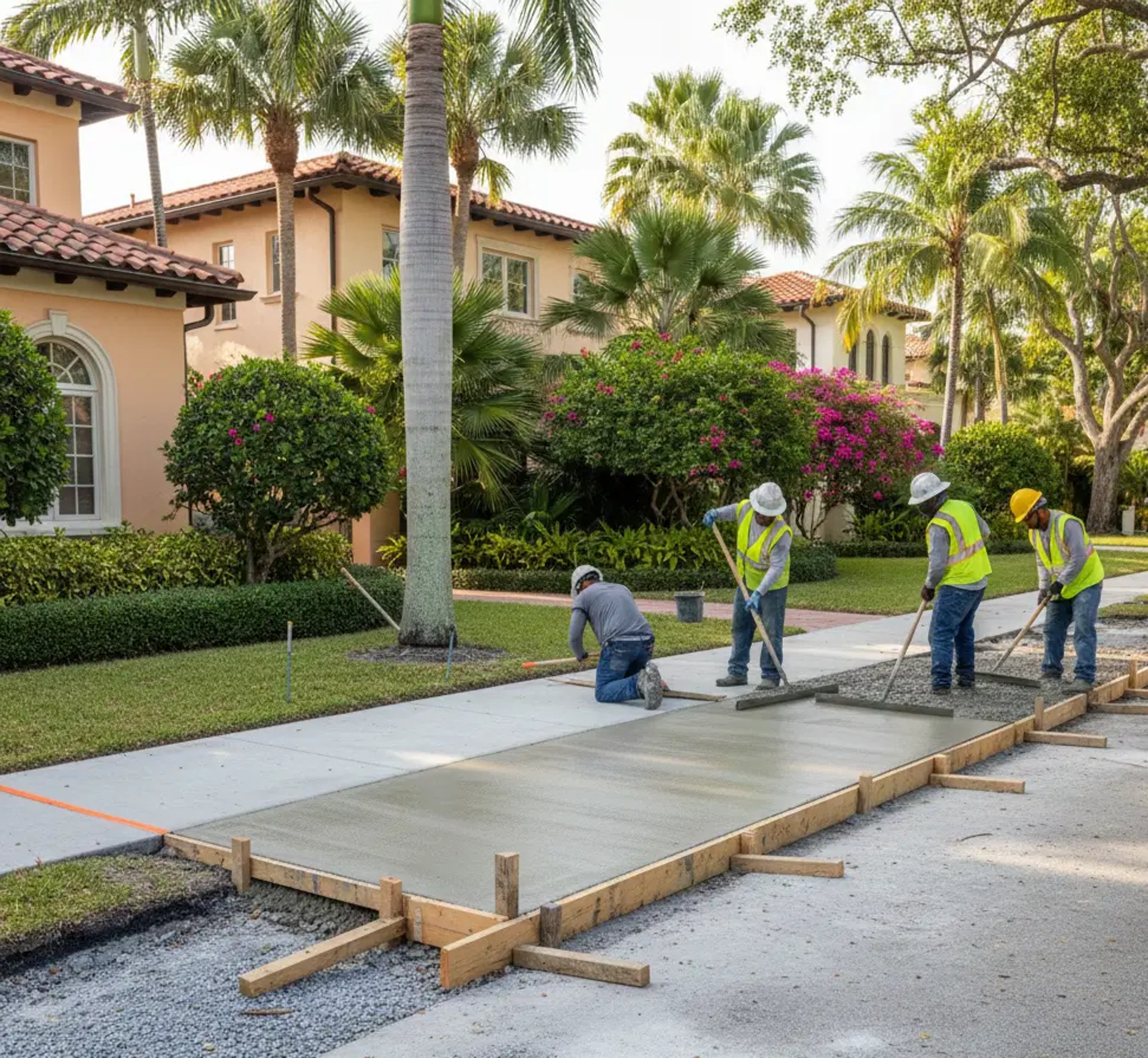 construction crew in high-visibility vests working on a new residential sidewalk in Coral Gables, Florida