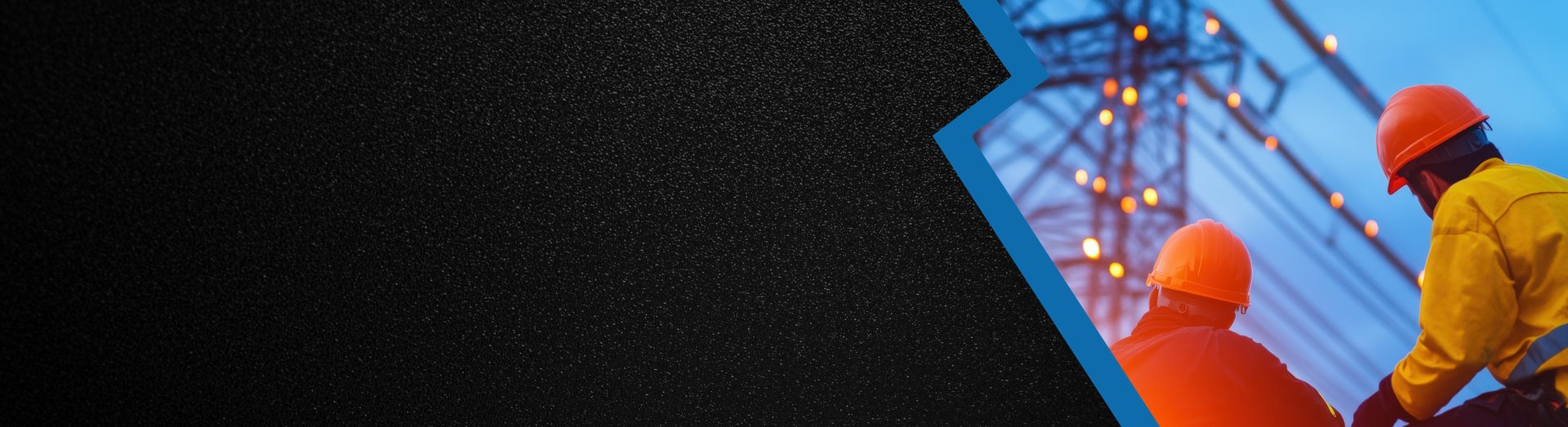 Trata-se de uma imagem para rodapé do site, com uma parte em preto e outra com 2 eletricistas e uma torre de energia.