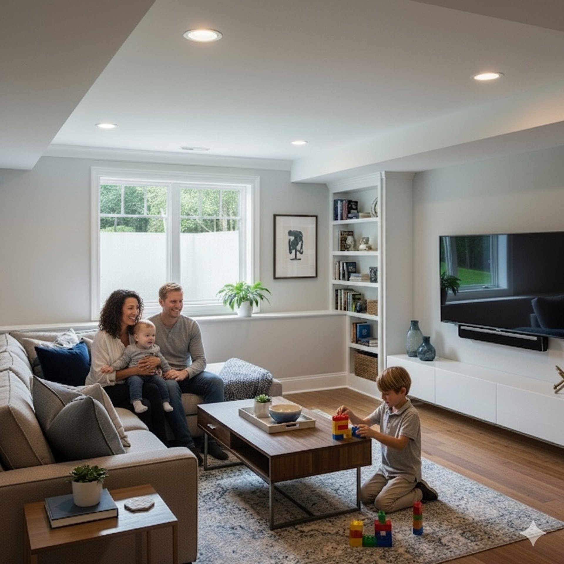Image of a family in a finished basement with an egress window in back