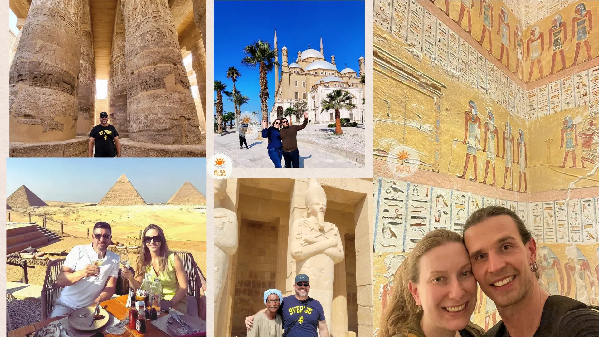 Turistas brasileiros visitando as Pirâmides de Gizé com guia em português