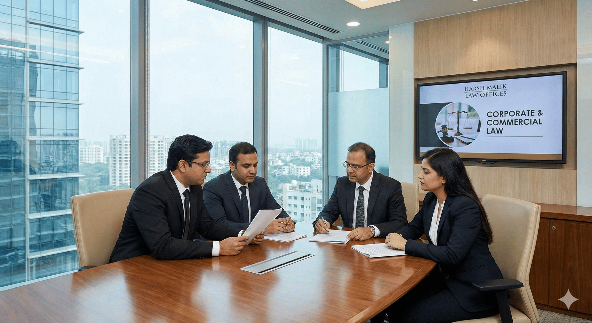 Corporate lawyers at Harsh Malik Law Offices in a strategic board meeting.
