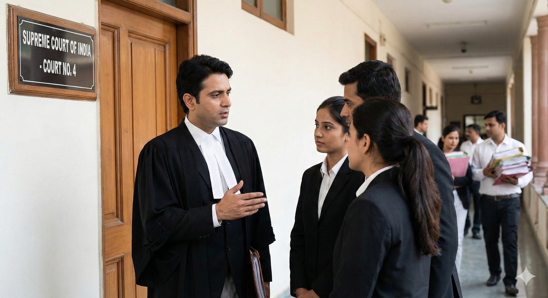 Harsh Malik Law Offices advocates discussing a case in court hallway.