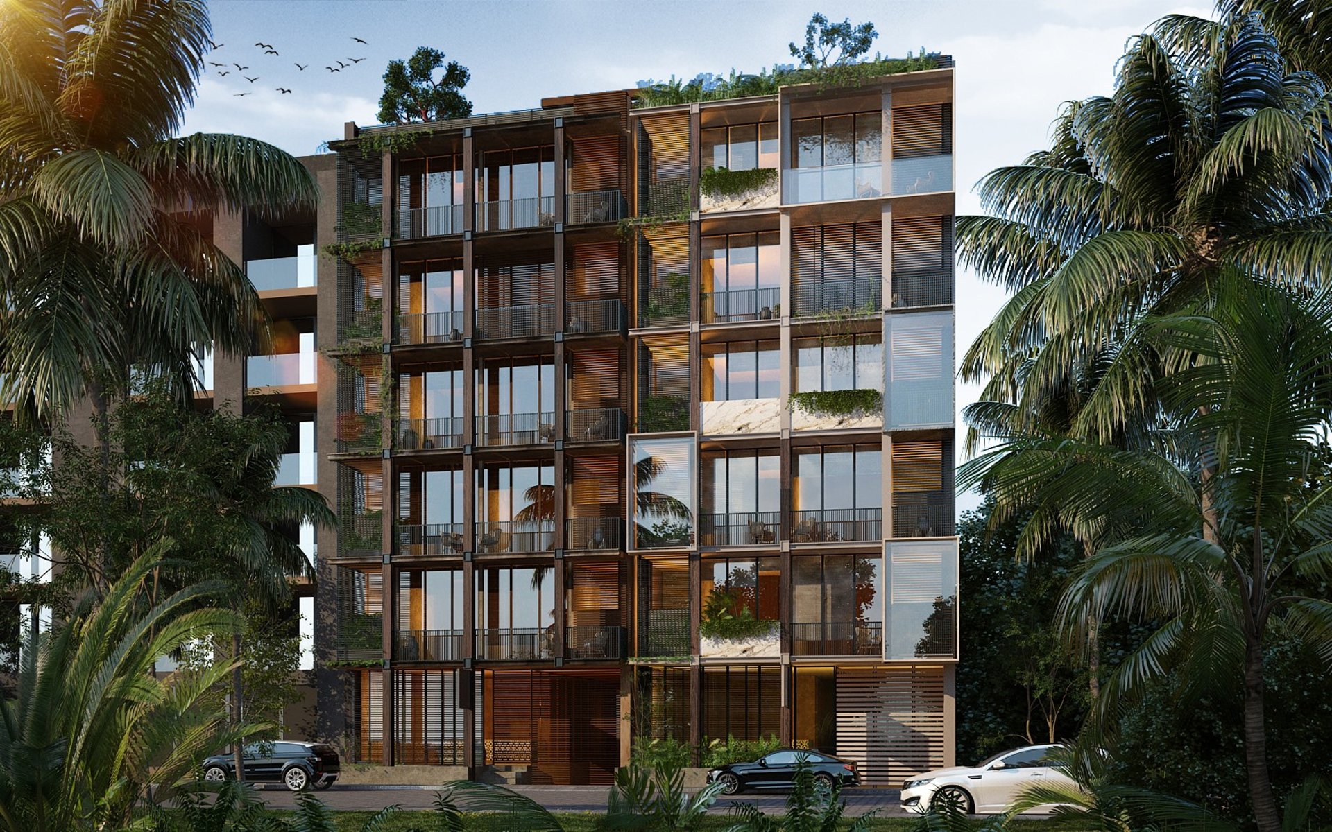 an abstract photo of a curved building with a blue sky in the background
