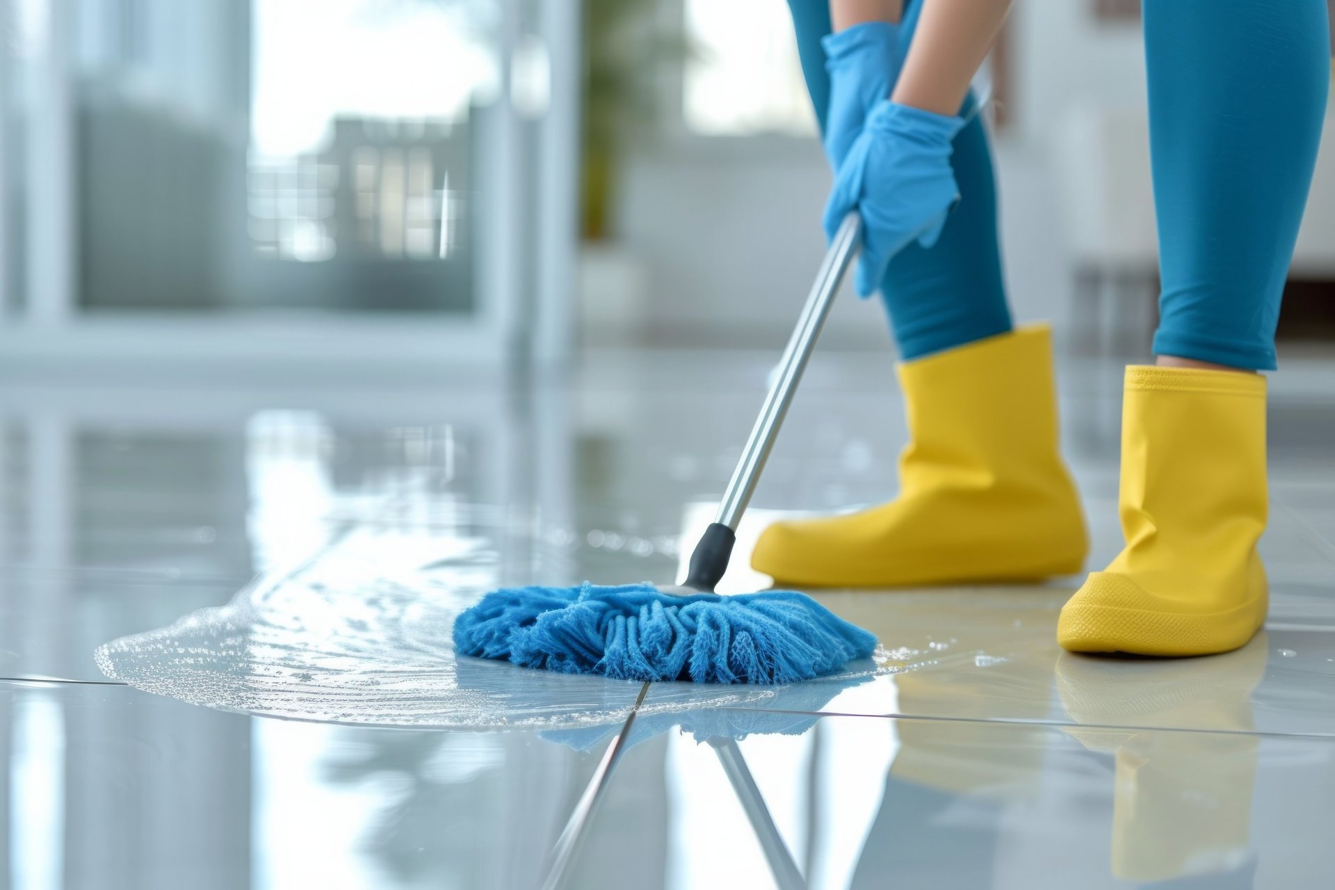A person in yellow gloves and blue gloves cleaning a floor