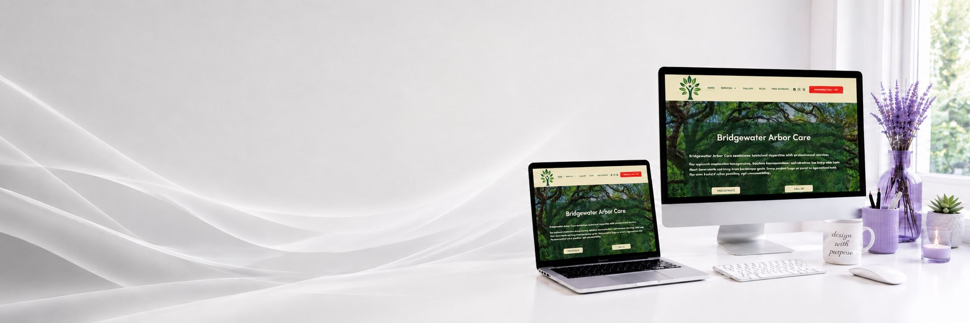 Modern desk setup with tree service website