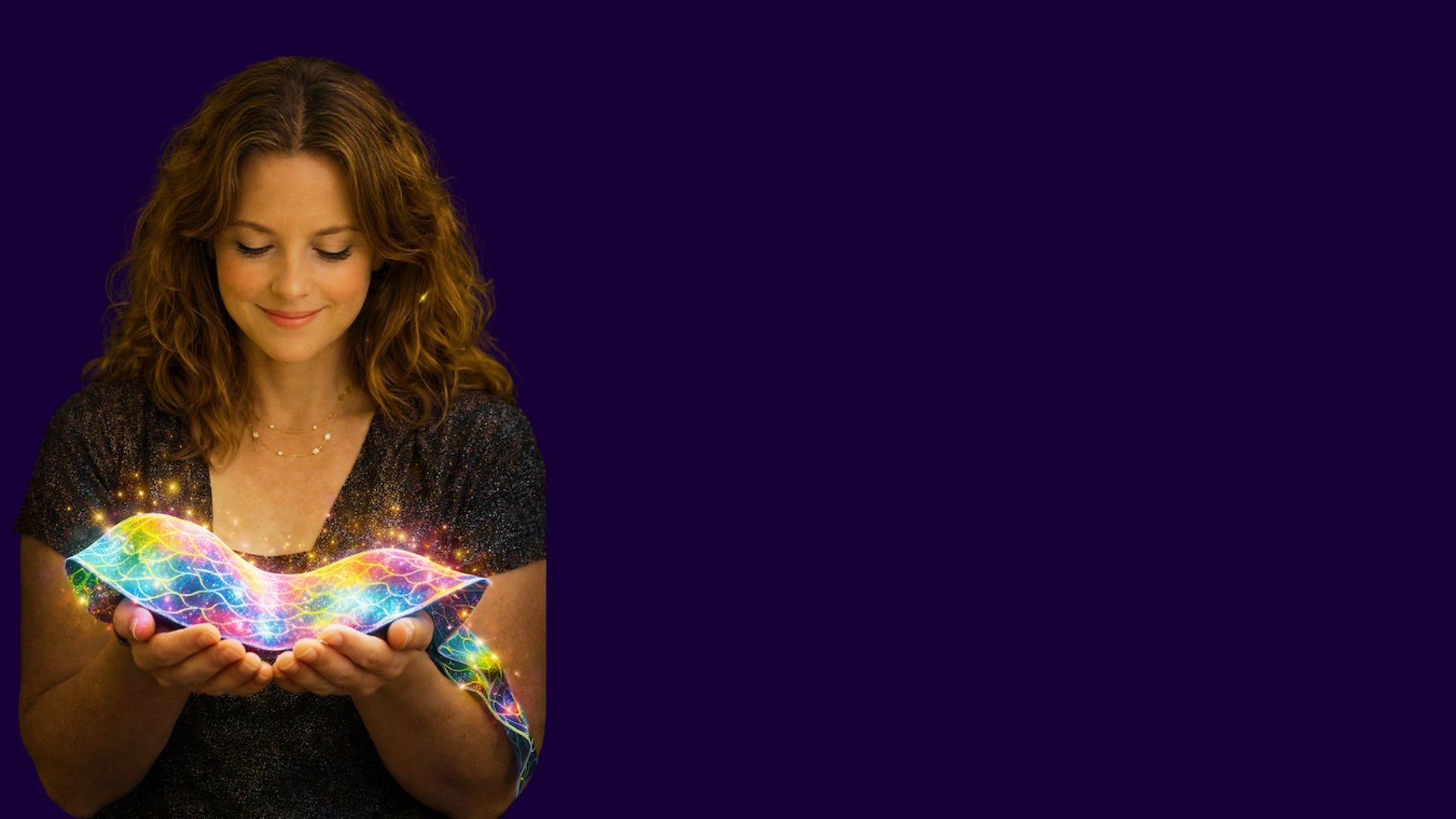 Woman gently holding a glowing holographic sash that shimmers in rainbow light, symbolizing wellbeing and curiosity