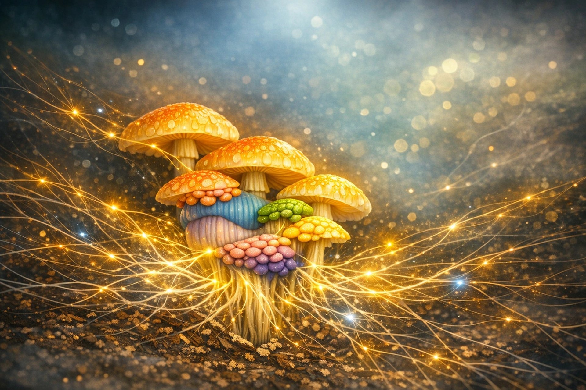 The glowing filaments correspond to the nervous system’s connective intelligence 