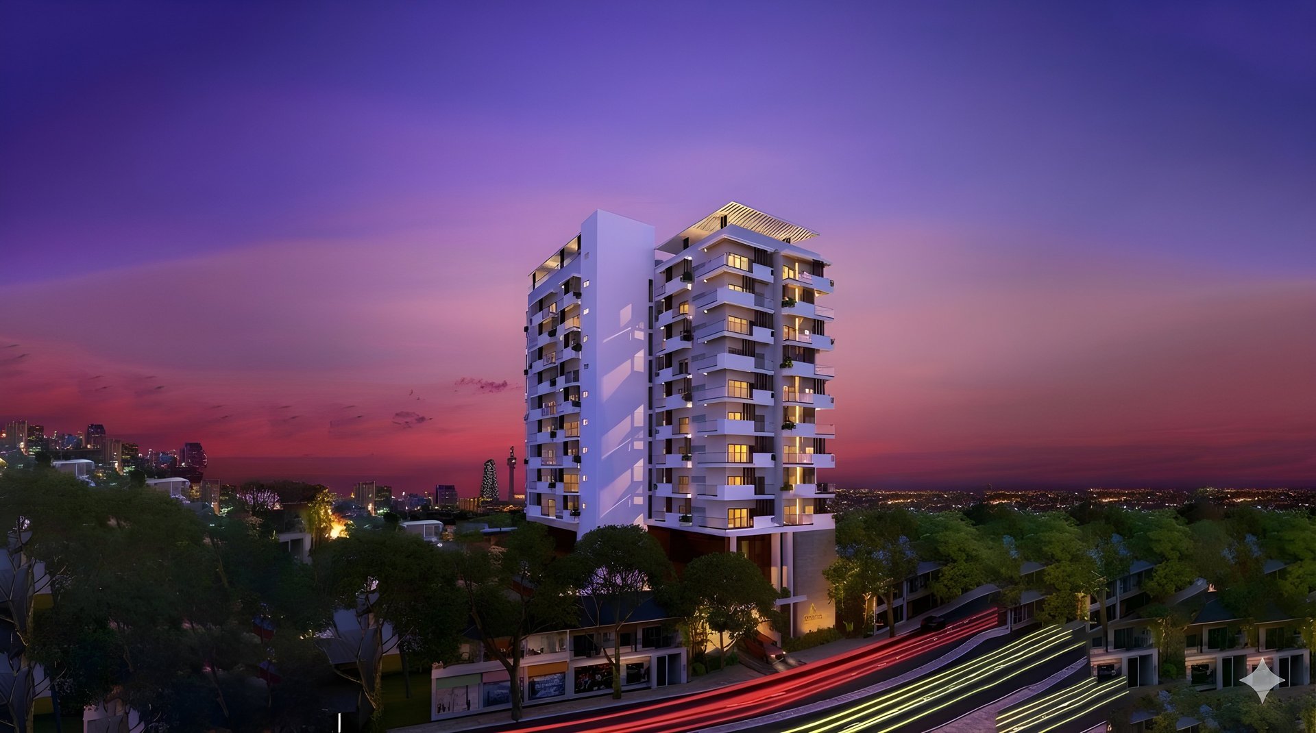 a view of a city at night from the top of a building