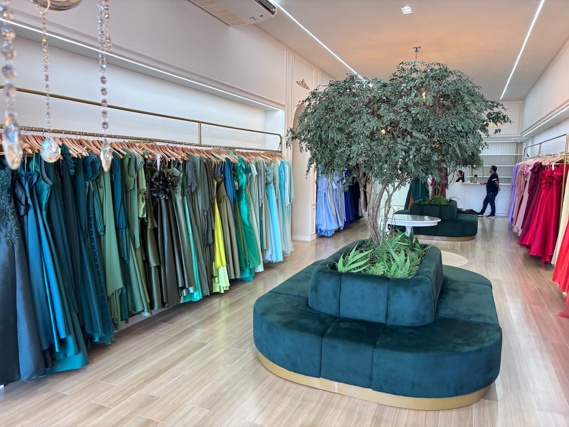 a display of dresses in a store window