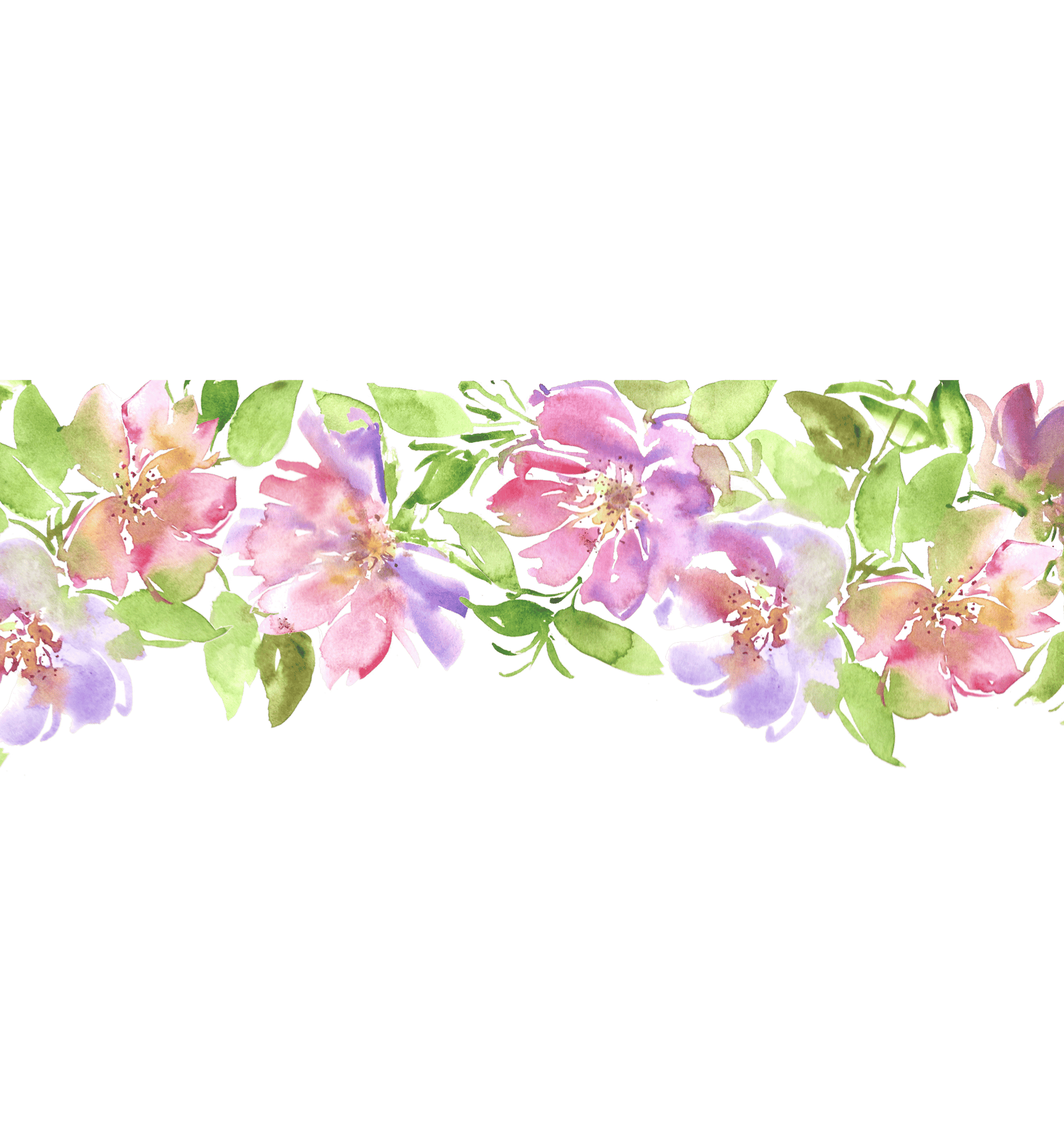 A horizontal border of ethereal pink poppies and purple lavender with transparent watercolor washes.