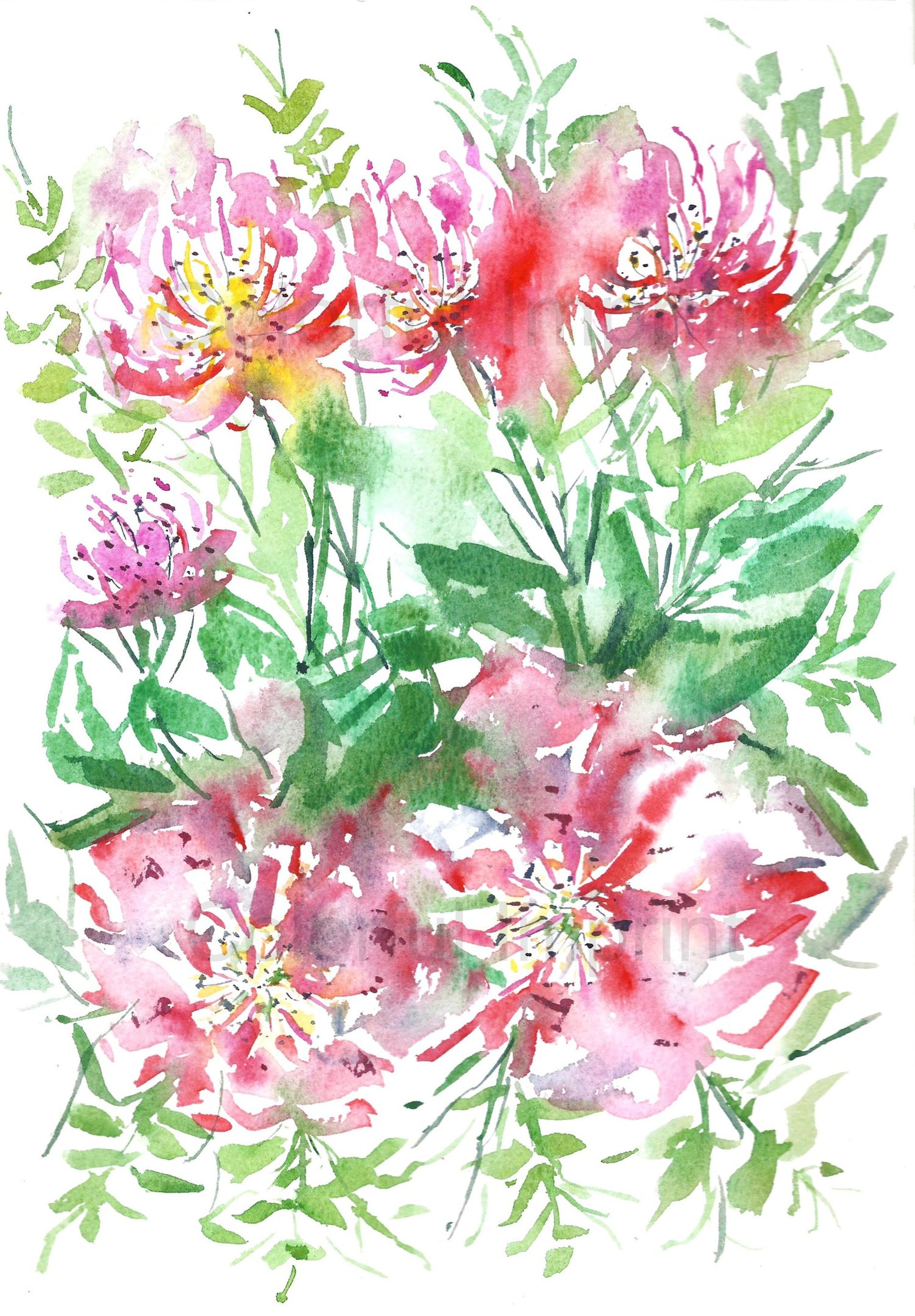 Loose and expressive watercolor study of hanging pink peonies and vibrant green foliage with soft, fluid paint splatters.