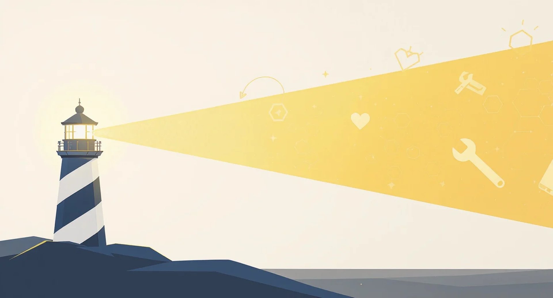 An illustrated lighthouse shines a wide beam of light across the sky, revealing small icons and symbols related to safety