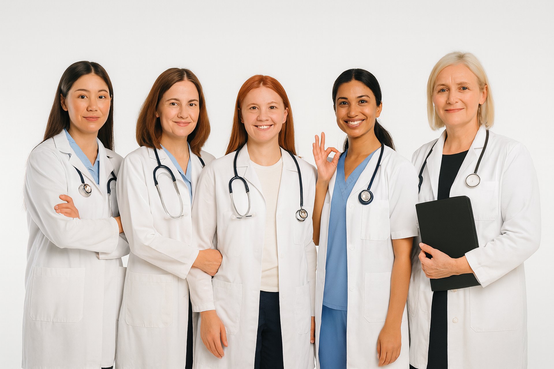 a woman in a white shirt holding a stethoscope