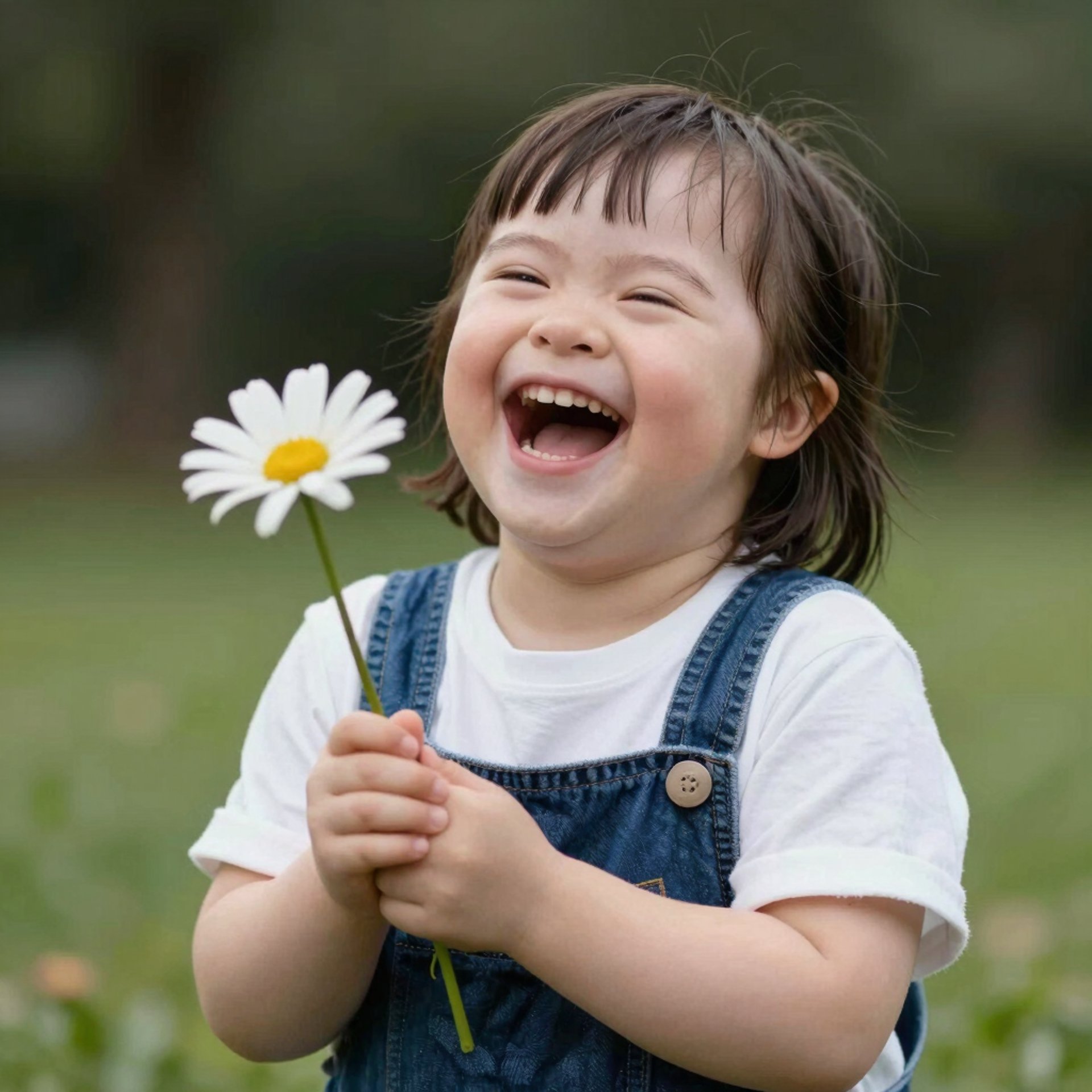 Down syndrome girl in denim overalls laughing and holding white daisy flower