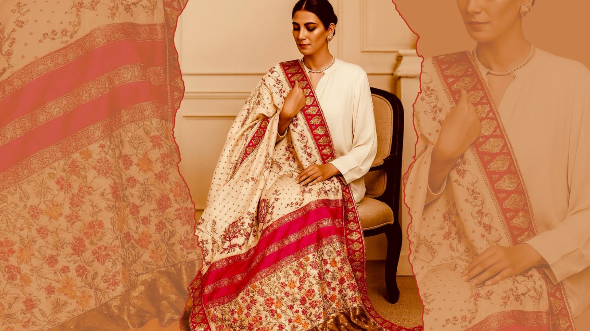 Ivory Floral Silk Shawl with Pink Border – Sana Zee