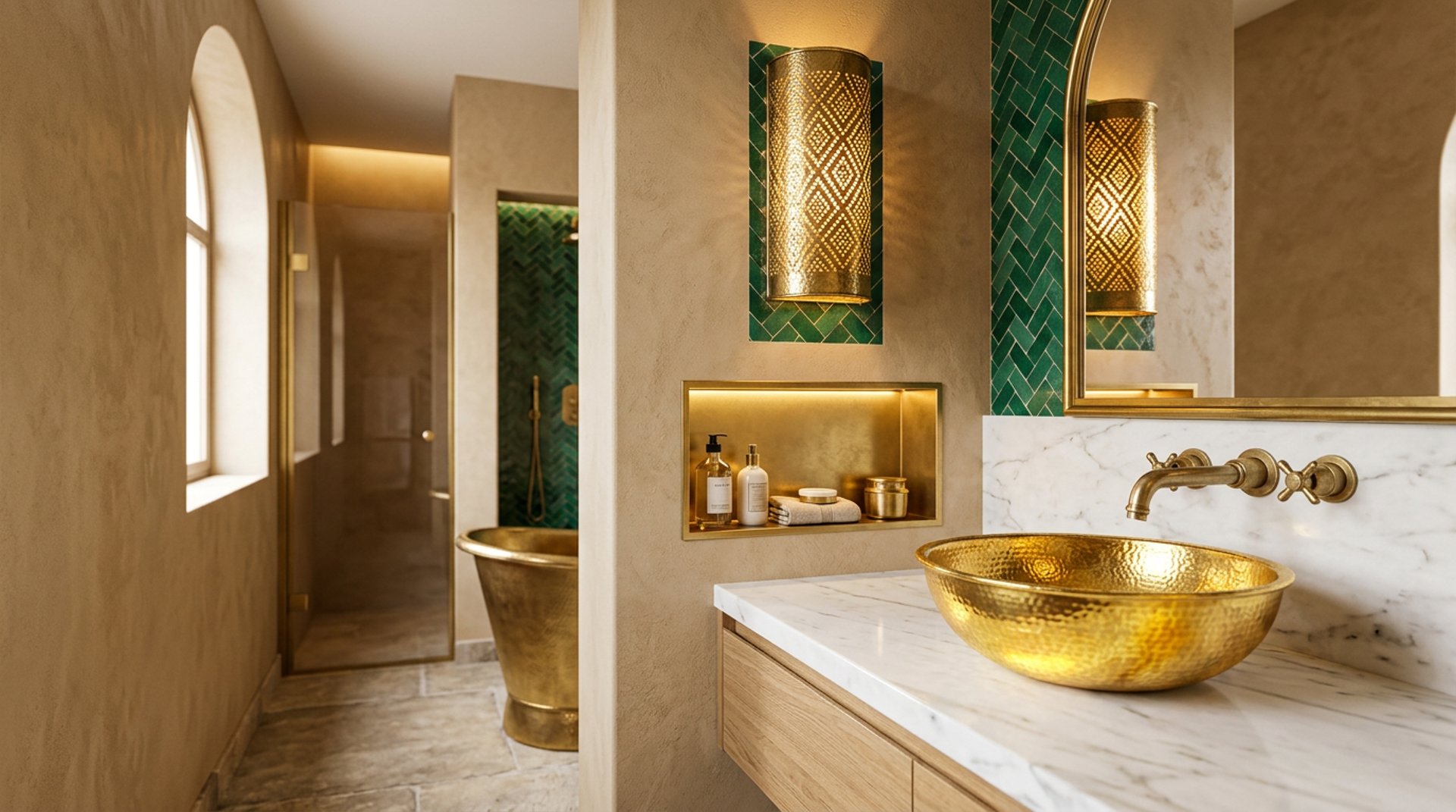 Robinet artisanal en cuivre doré pour salle de bain avec vasque blanc.