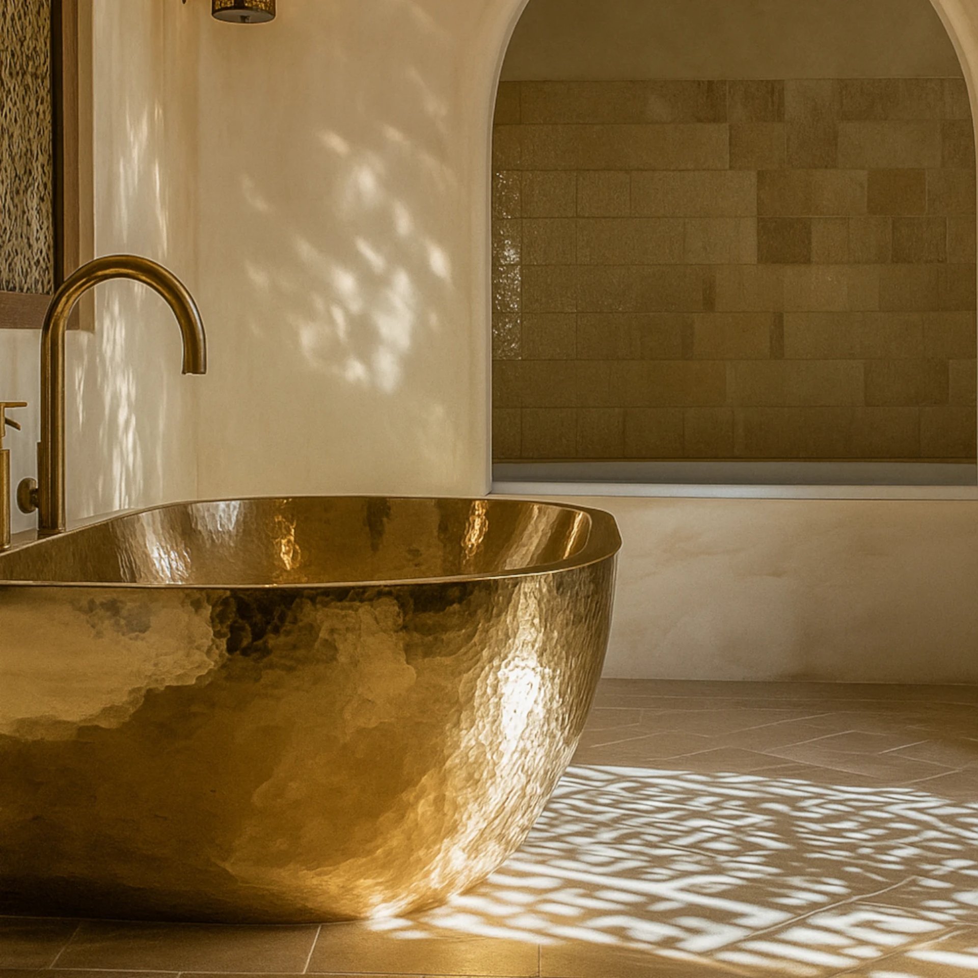 Salle de bain élégante avec baignoire centrale en cuivre doré et robinetterie artisanale marocaine.
