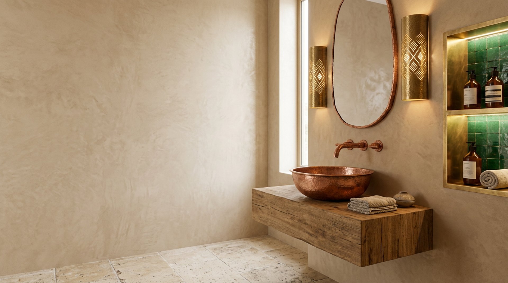 Salle de bain élégante avec baignoire centrale en cuivre doré et robinetterie artisanale marocaine.