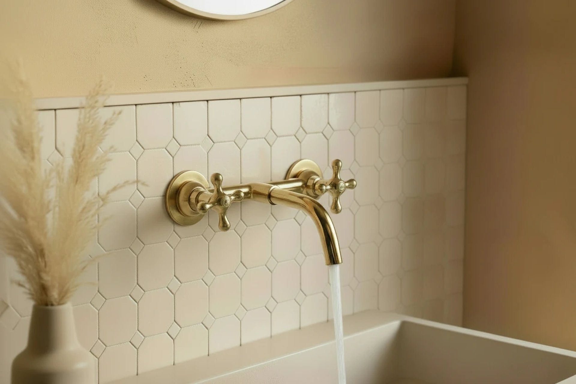 Robinet artisanal en cuivre doré pour salle de bain avec vasque blanc.